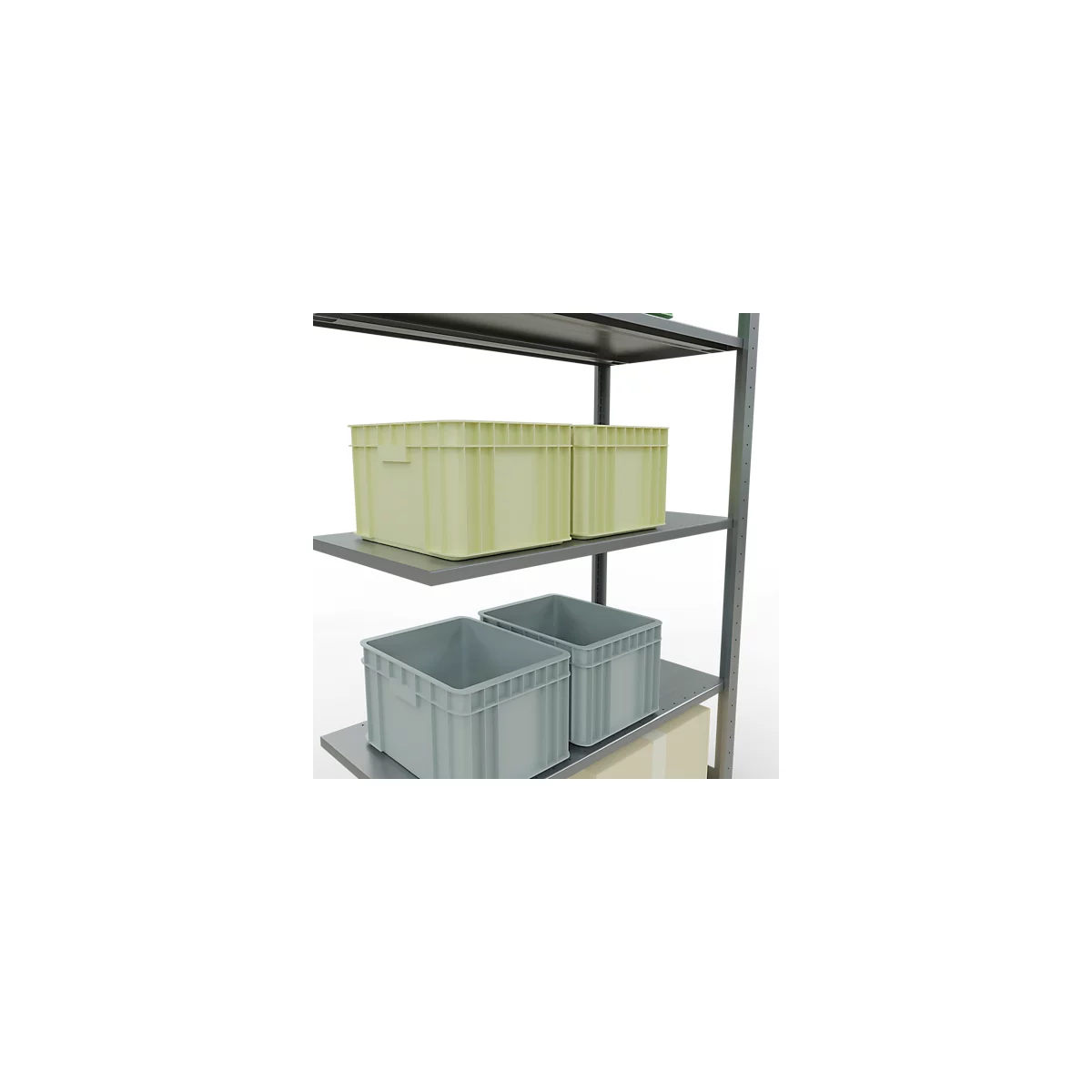 Estantería con cajas amarillas y grises.