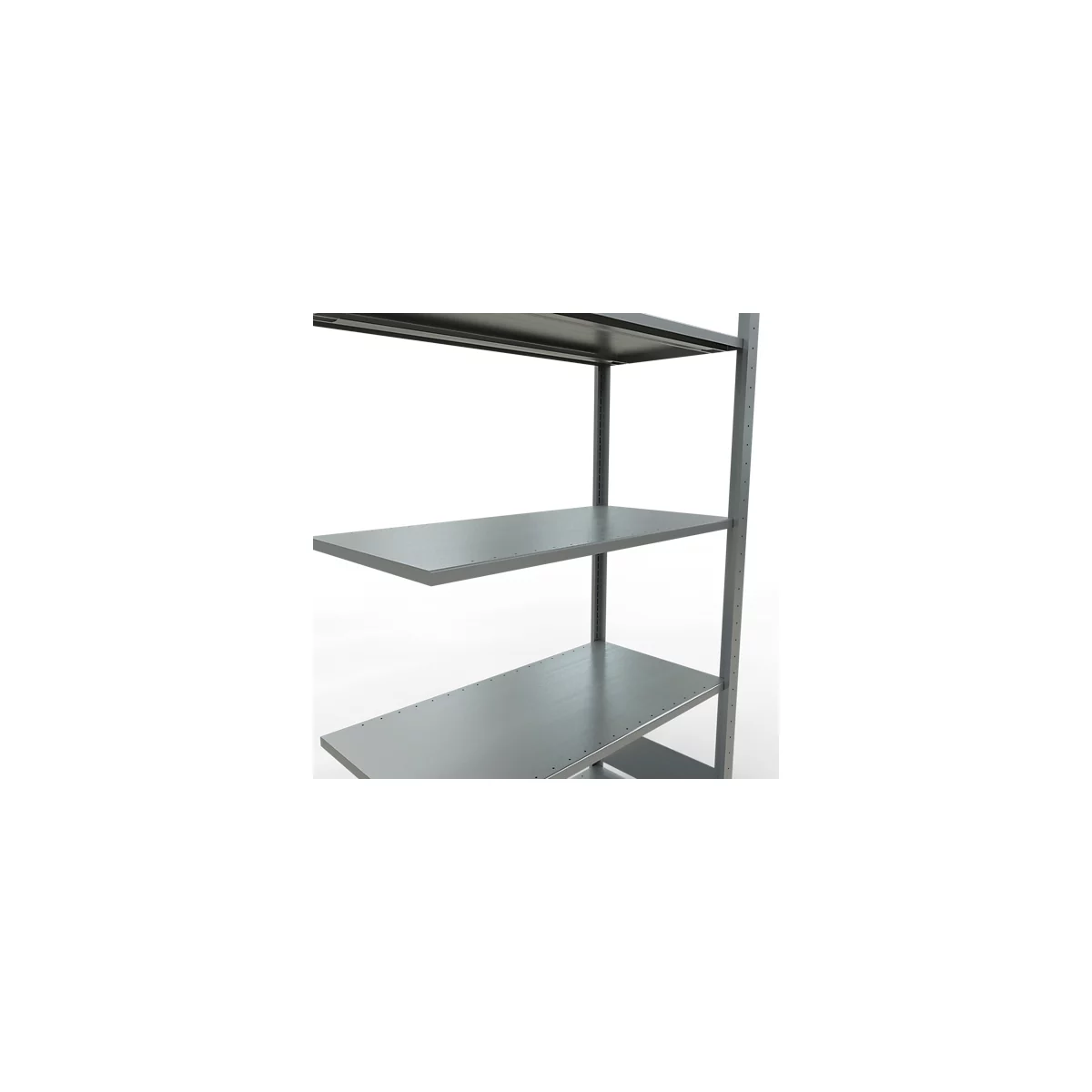 Estantería metálica con cuatro niveles, de color gris claro. El fondo es blanco.