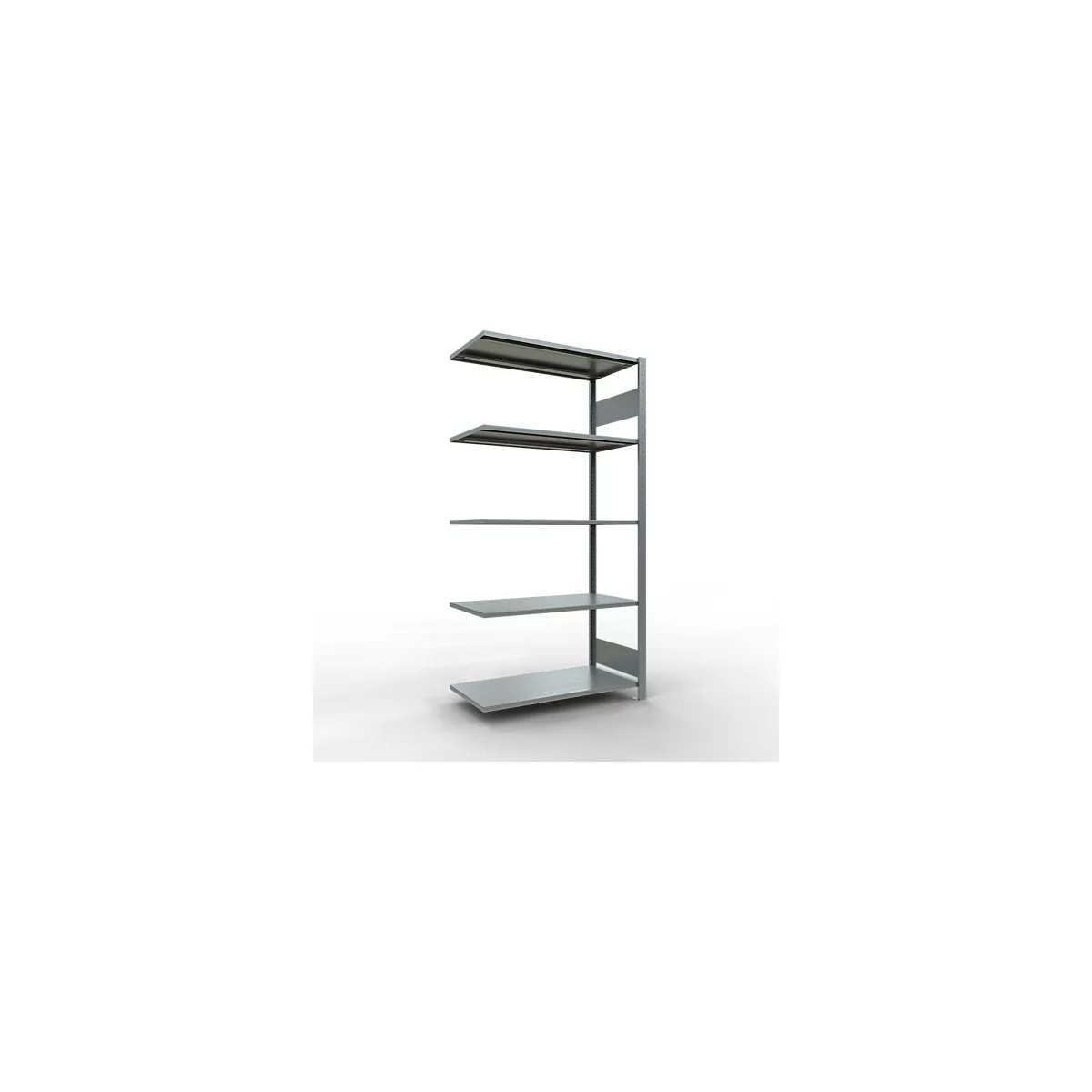 Estantería de metal con 5 estantes, sobre fondo blanco. Colores de la estantería: gris.