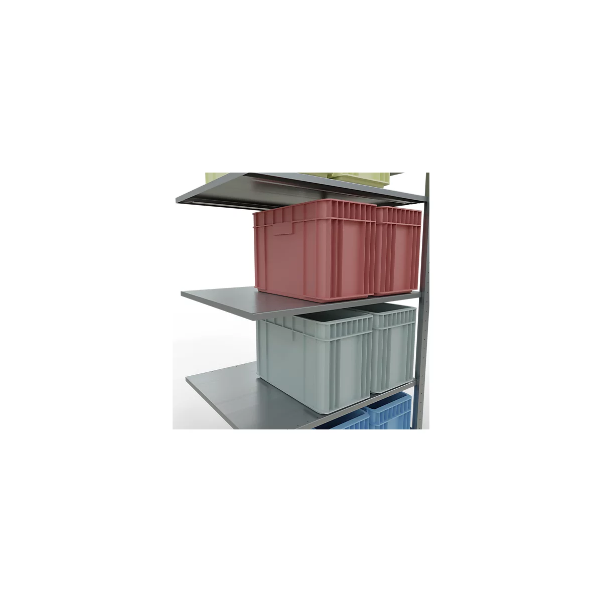 Estantería con varias cajas de diferentes colores. Las cajas están en cada nivel.