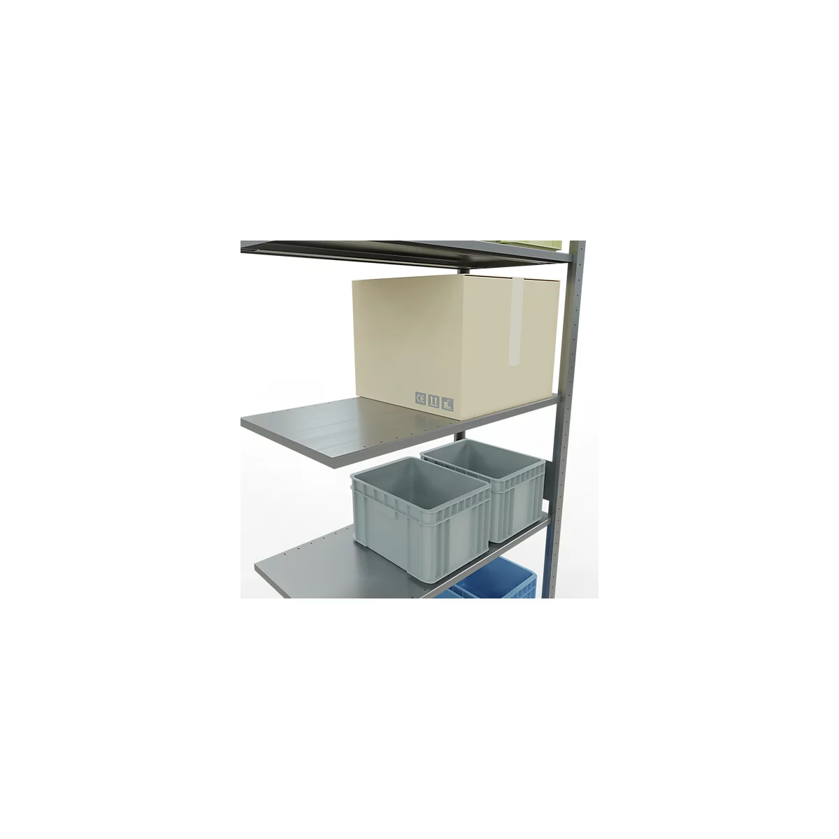 Estantería de acero con una caja de cartón y cajas grises. La caja está pegada e impresa con símbolos.