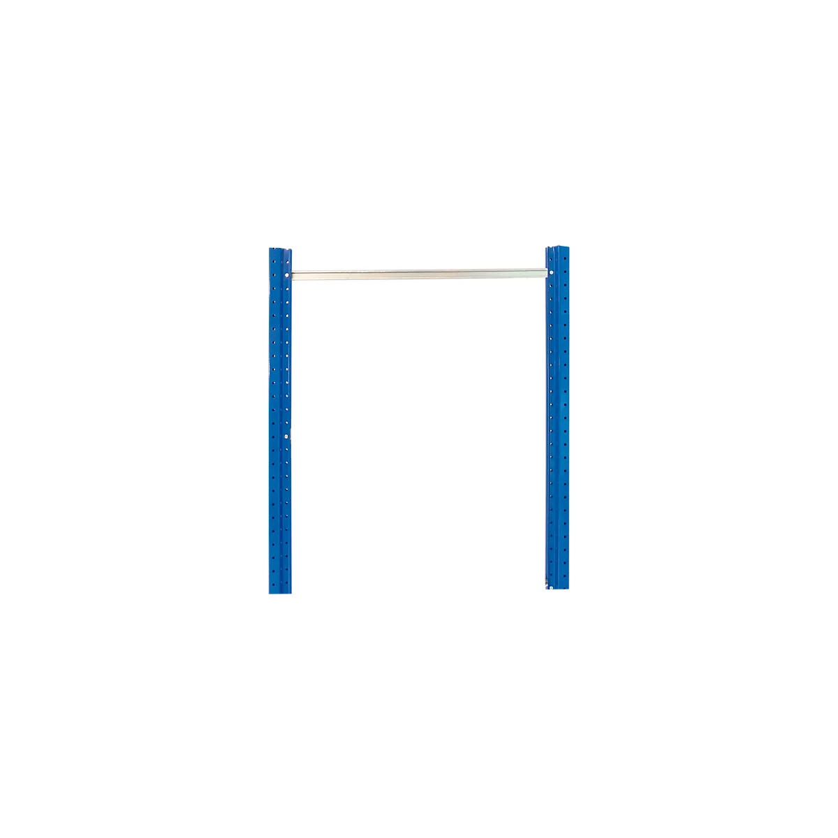 Blue metal shelf frame with horizontal bar.