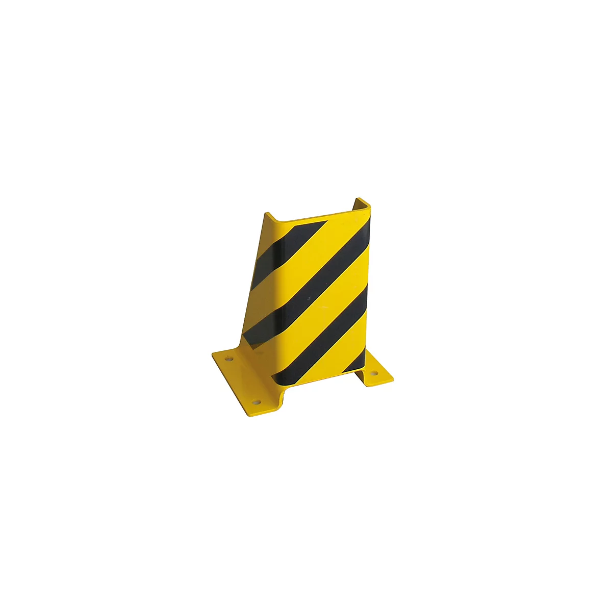 Yellow and black corner protector with diagonal stripes. The base has mounting holes.