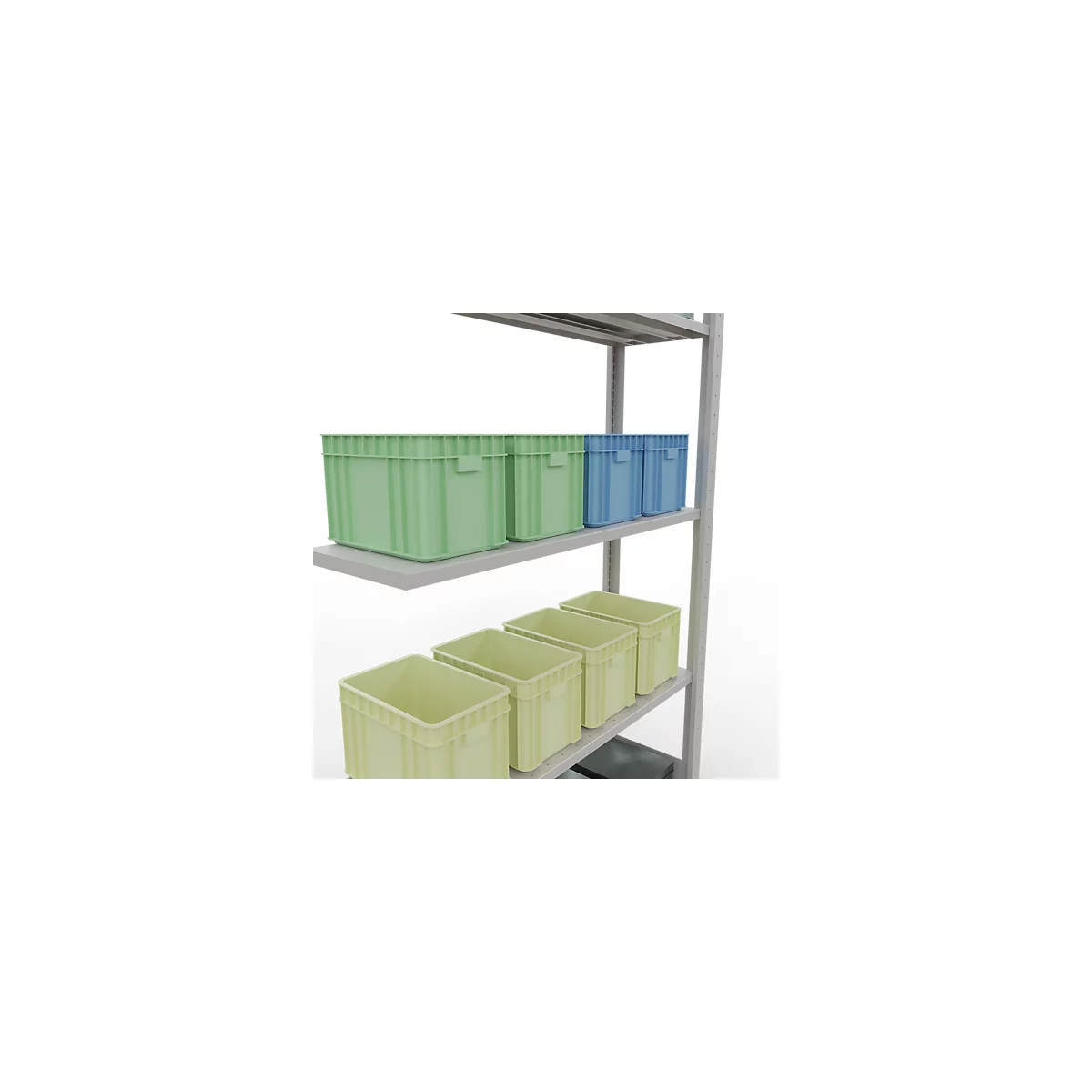 Verschillende plastic dozen in verschillende kleuren staan op een plank.