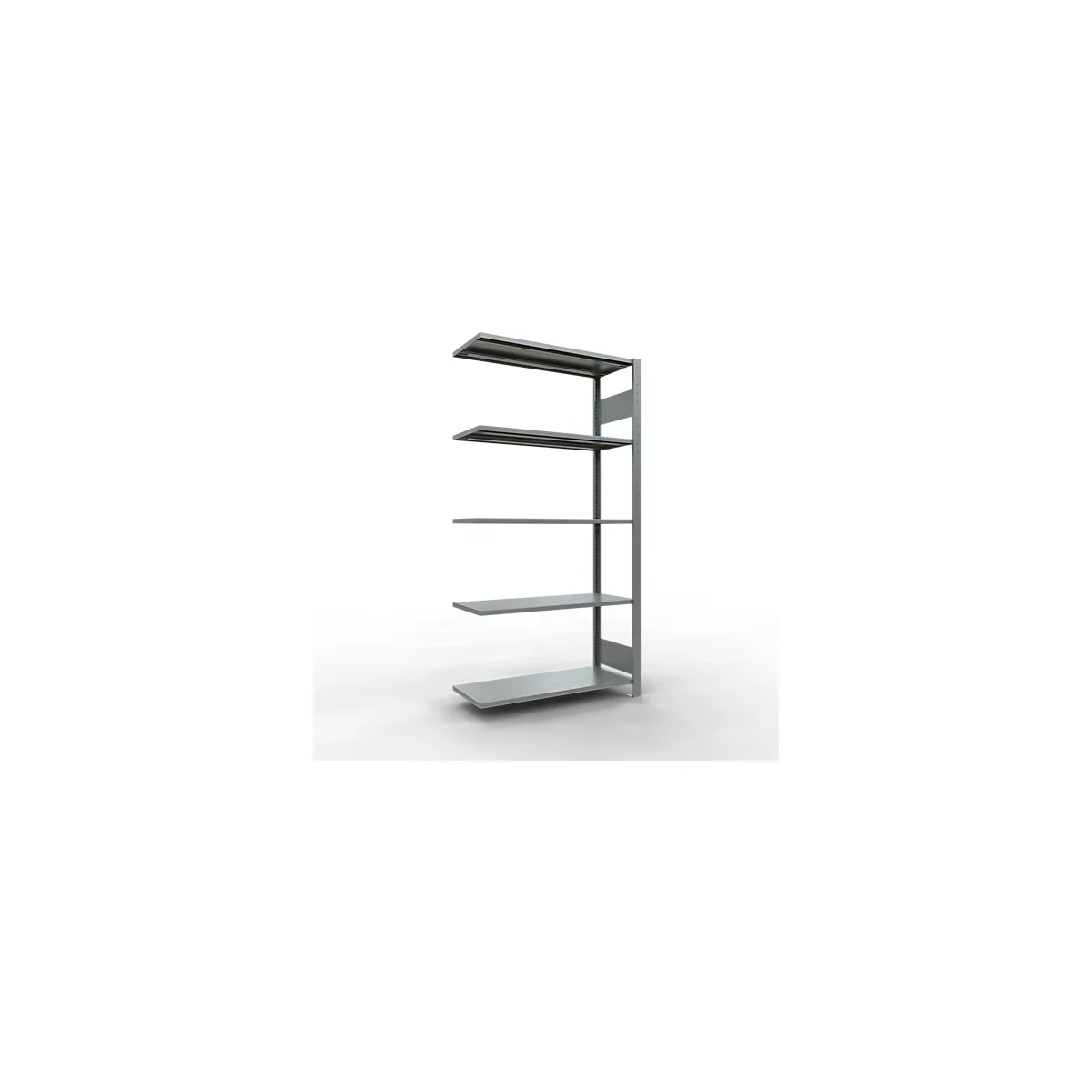 Grijs metalen rek met vijf planken tegen een witte achtergrond. De planken zijn in hoogte versprongen.