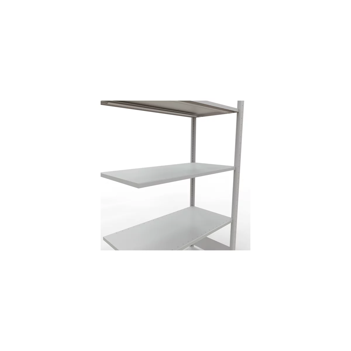 Grijs rek met vier planken, tegen een witte achtergrond.