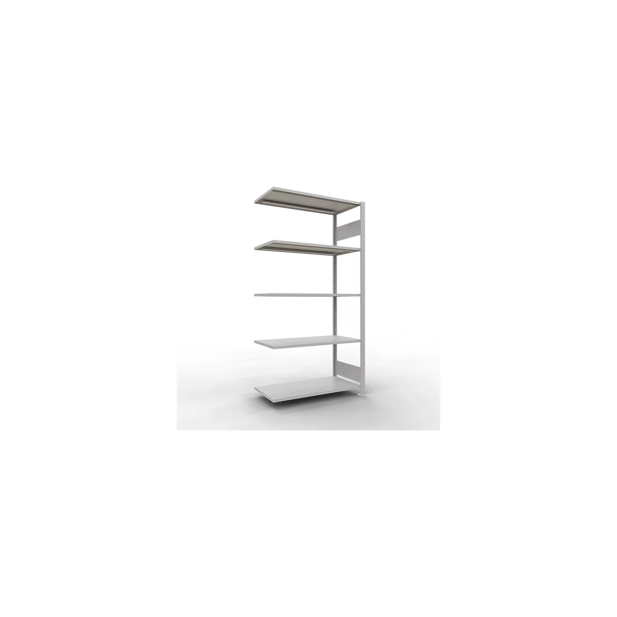 Vijflaags rek, grijs metaal, witte achtergrond.