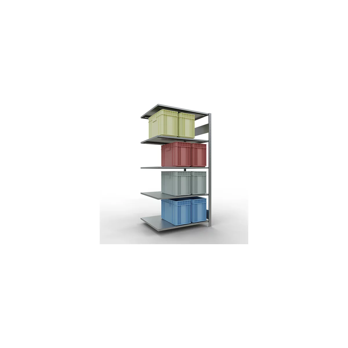 Metalen plank met gekleurde dozen: geel, rood, grijs en blauw. De dozen staan op verschillende niveaus.