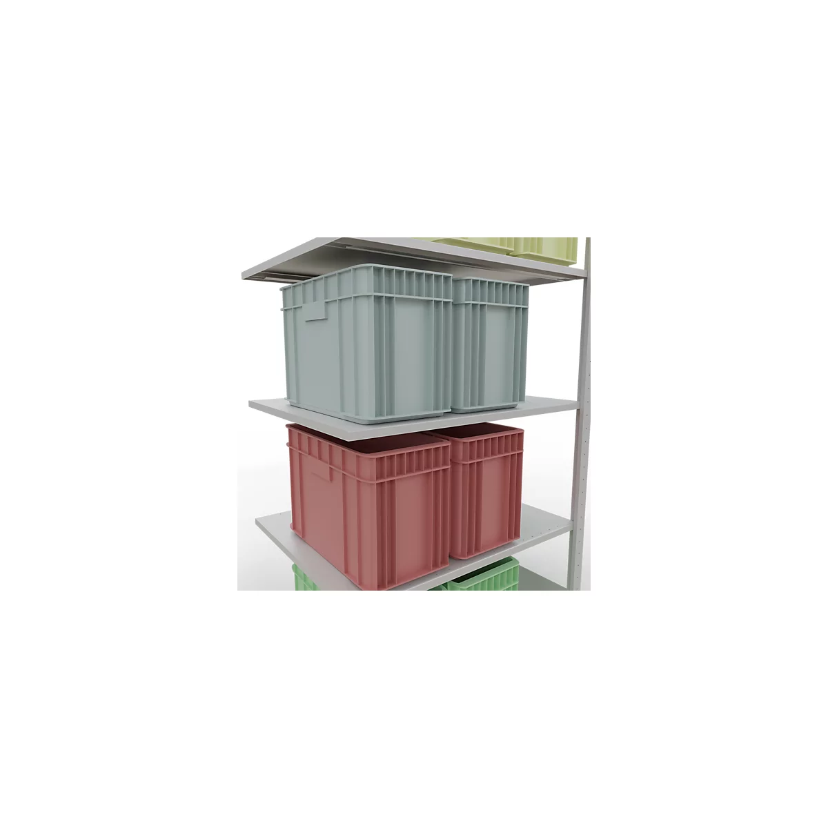 Stelling met plastic dozen in verschillende kleuren. Lichtblauw bovenaan, rood onderaan, andere in groen.