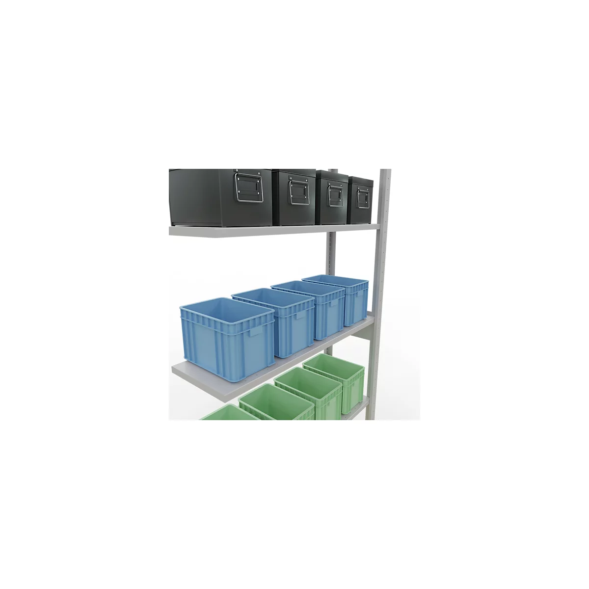 Rek met dozen. Zwarte metalen dozen bovenaan, daaronder blauwe en groene plastic dozen.