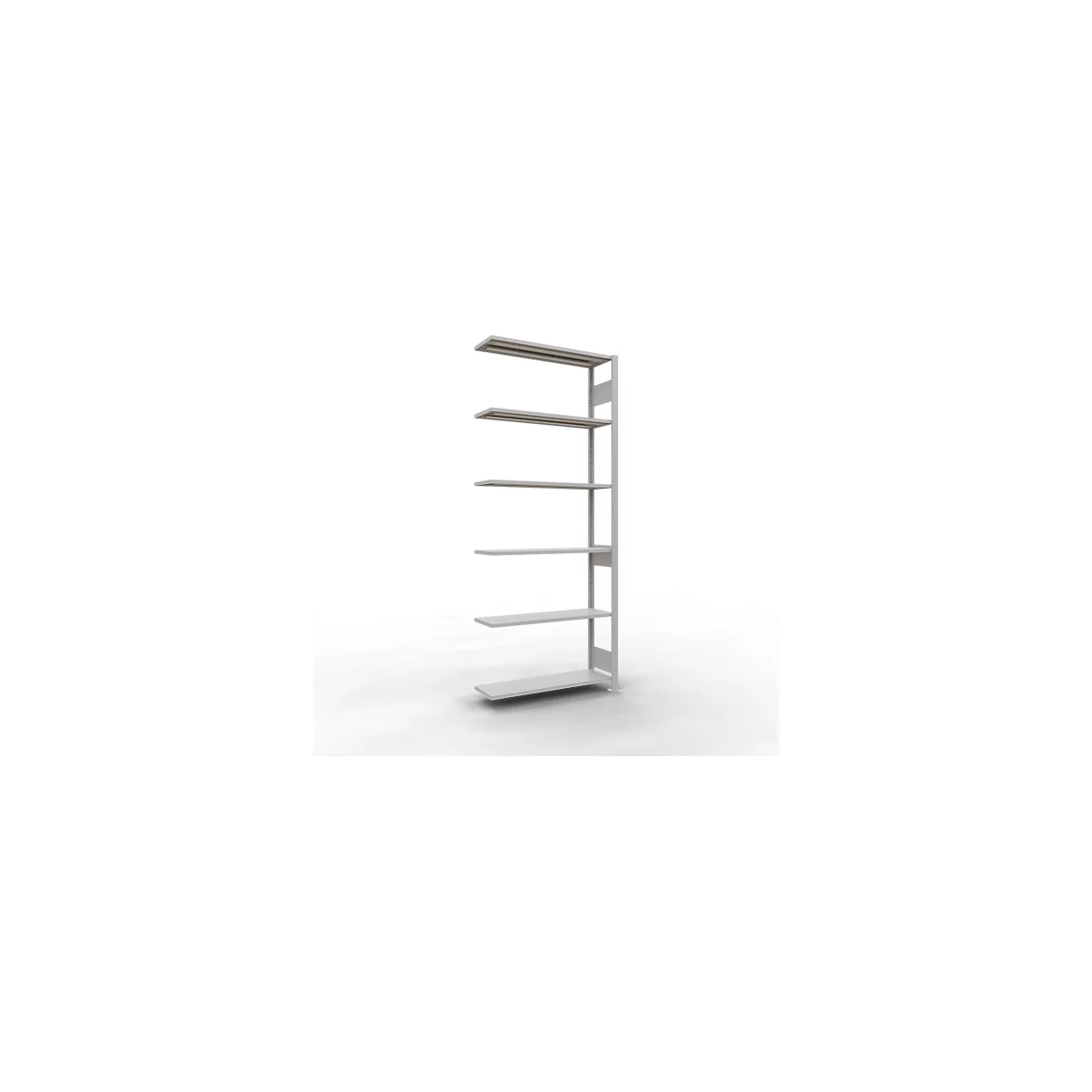 Grijs wandrek met zes planken, staand voor een witte achtergrond.