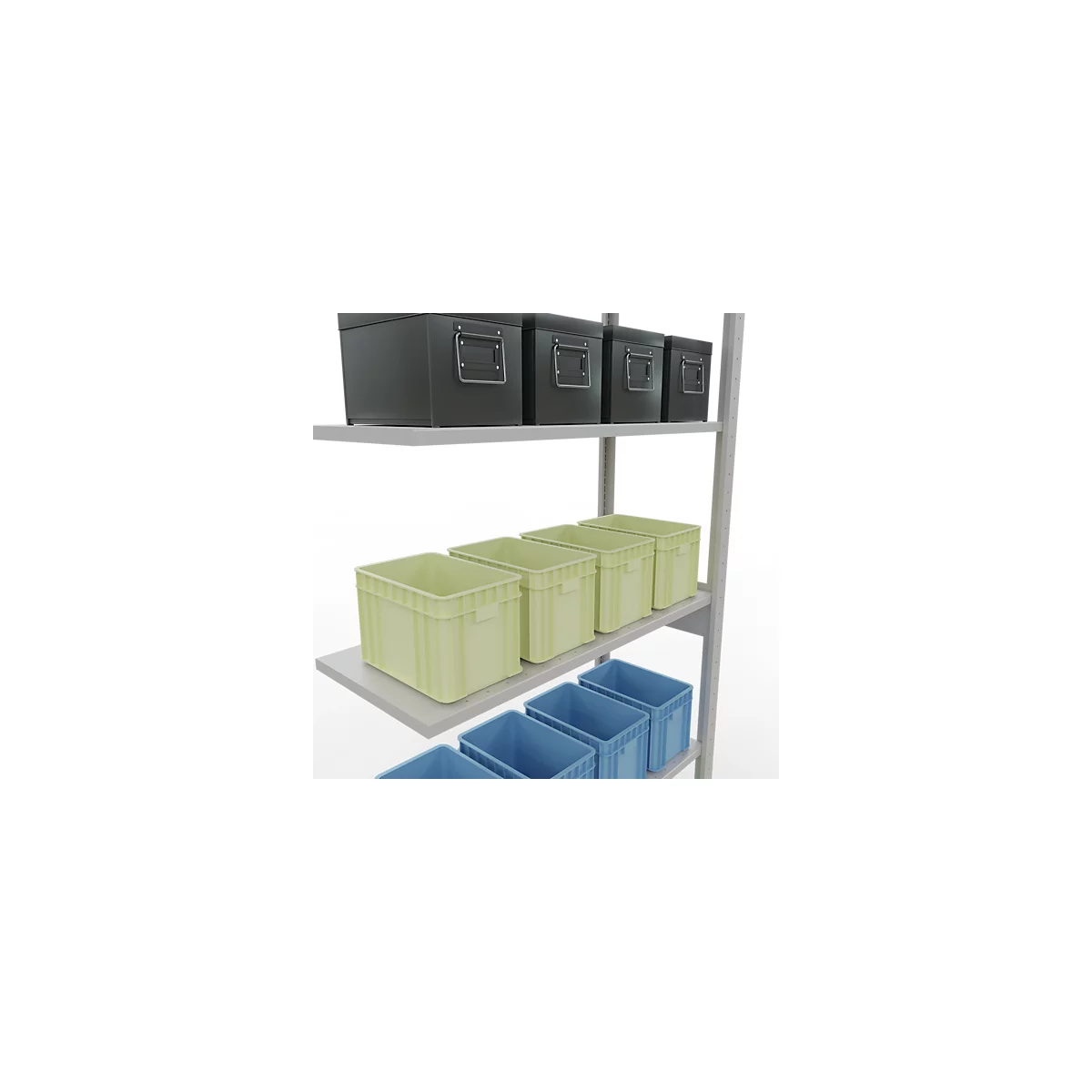 Rek met zwarte opbergdozen, gele en blauwe kratten.