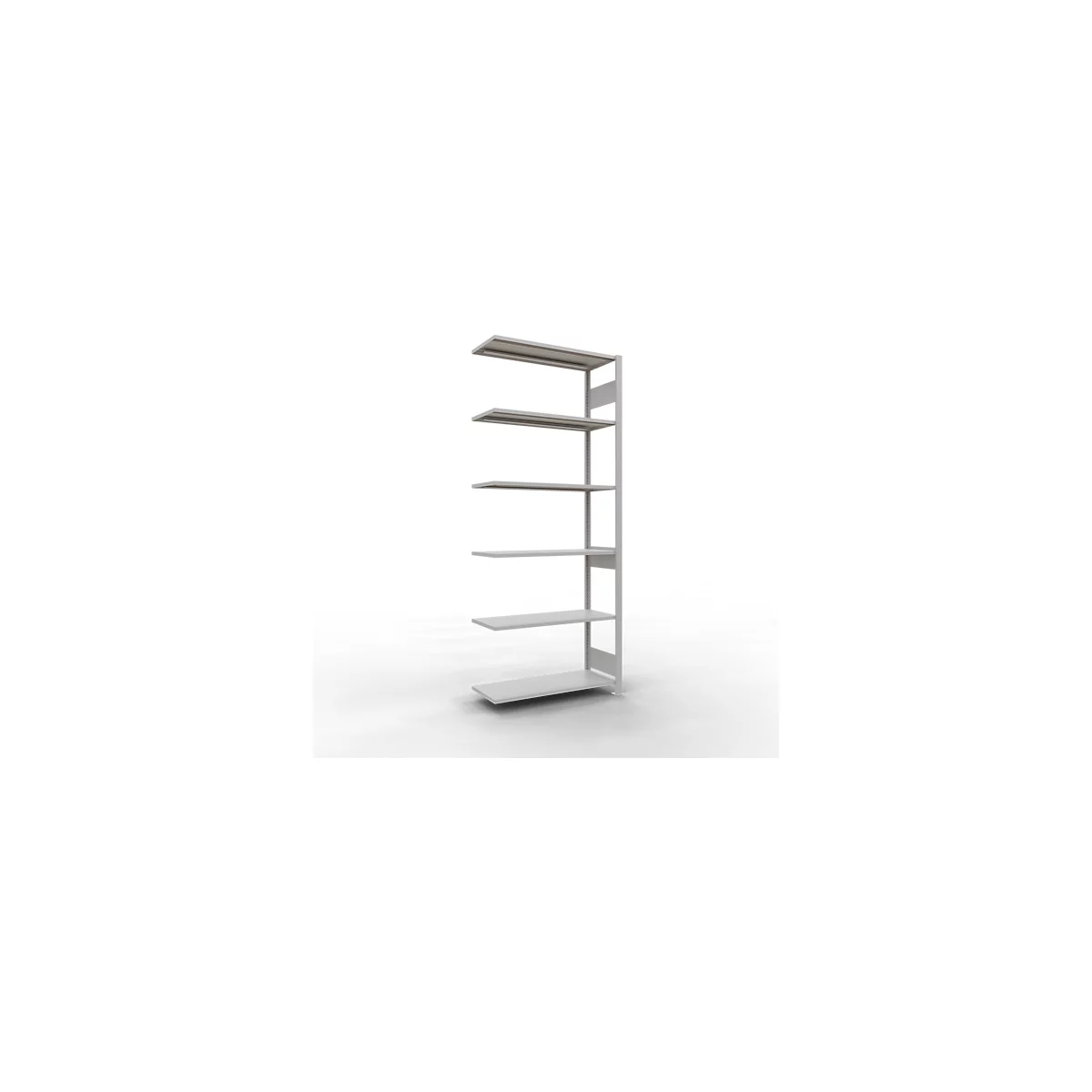 Een witte wandplank met zes horizontale planken. De bovenste en onderste planken zijn breder.