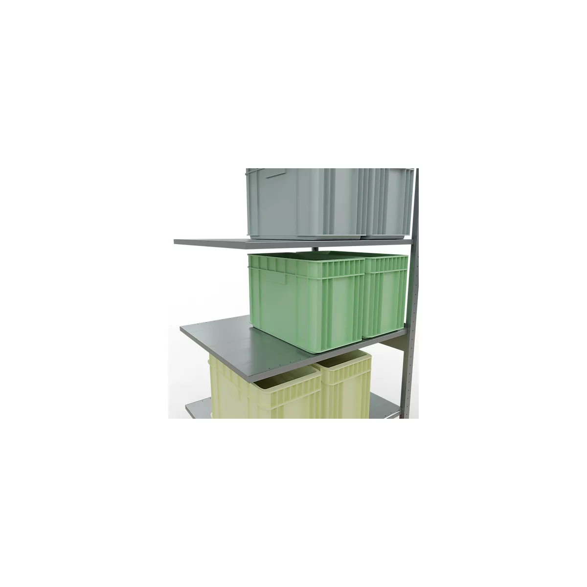 Stelling met grijze planken en plastic dozen in verschillende kleuren.