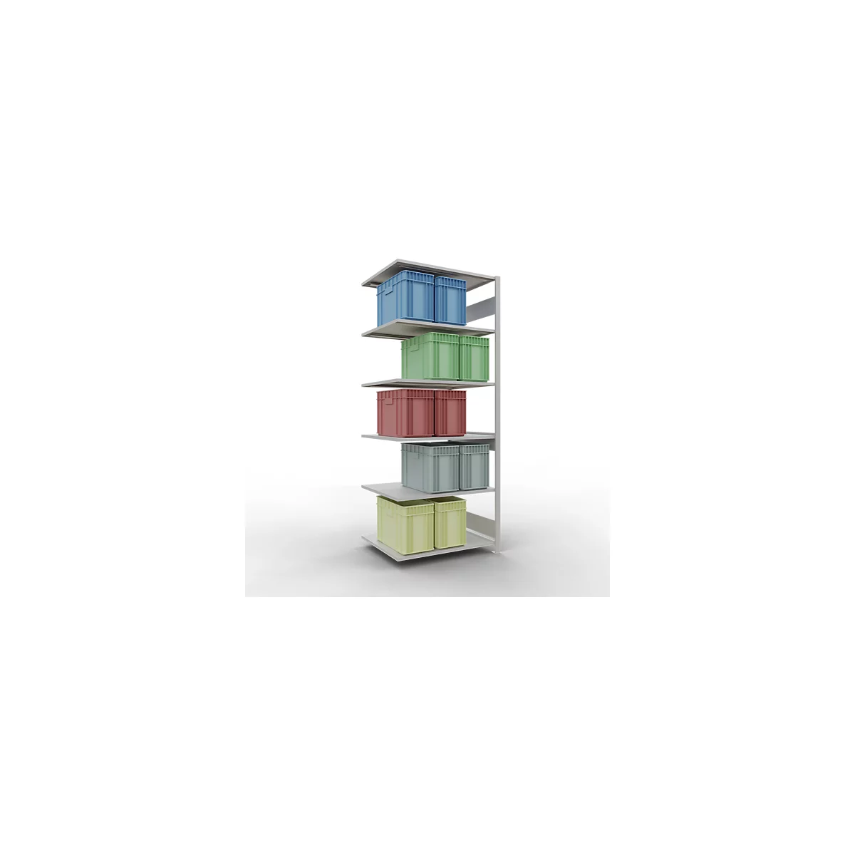 Rek met verschillend gekleurde plastic dozen op witte planken.