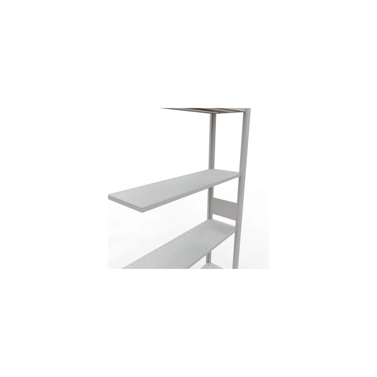 Grijze, lege stellingkast. Twee planken zijn zichtbaar, alle met gaten langs de randen. De achtergrond is wit.