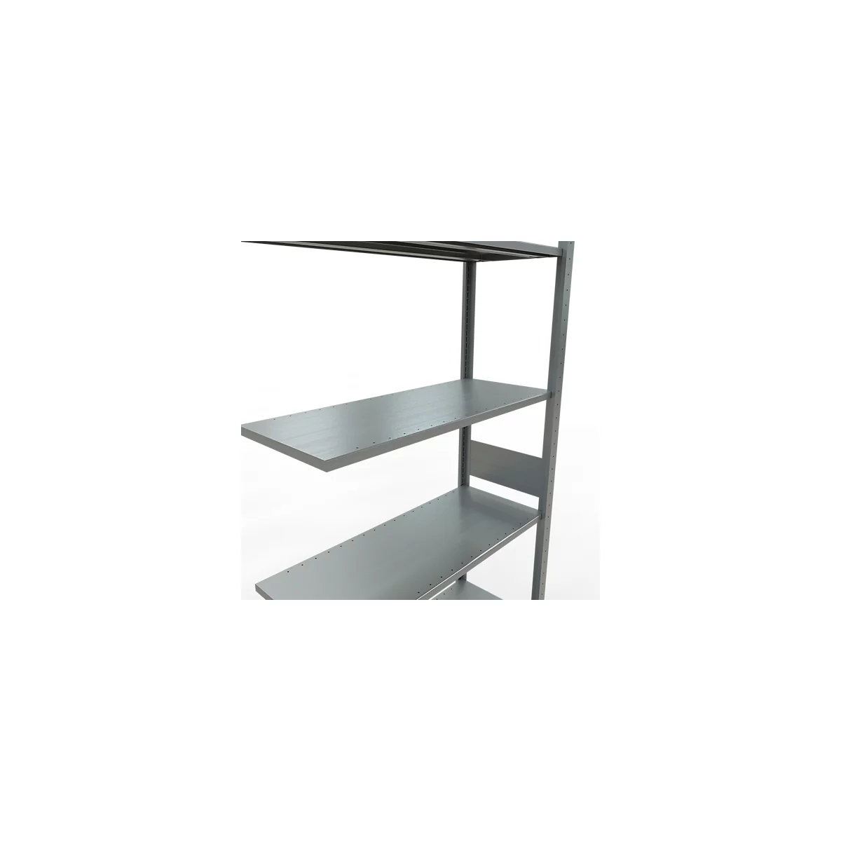 Grijs metalen rek met meerdere horizontale planken, ondersteund door verticale steunen. De achtergrond is wit.