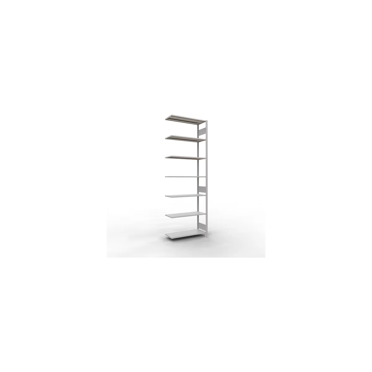 Grijs, vrijstaand rek met meerdere planken. Het staat tegen een witte achtergrond.