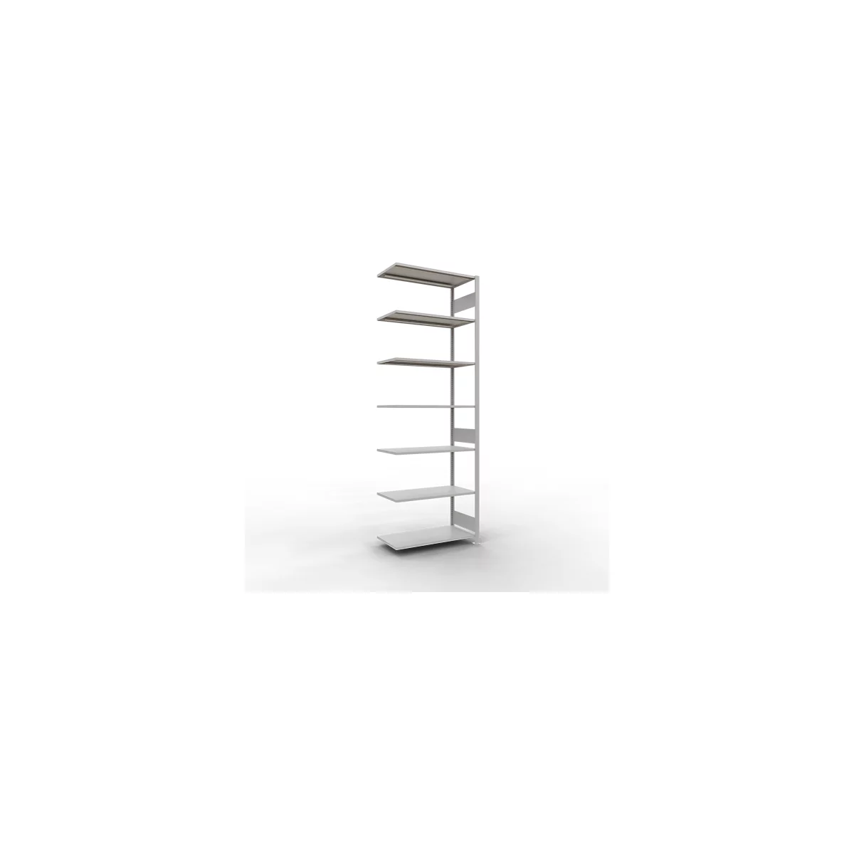 Grijs, smal rek met meerdere open planken. Het staat voor een witte achtergrond.