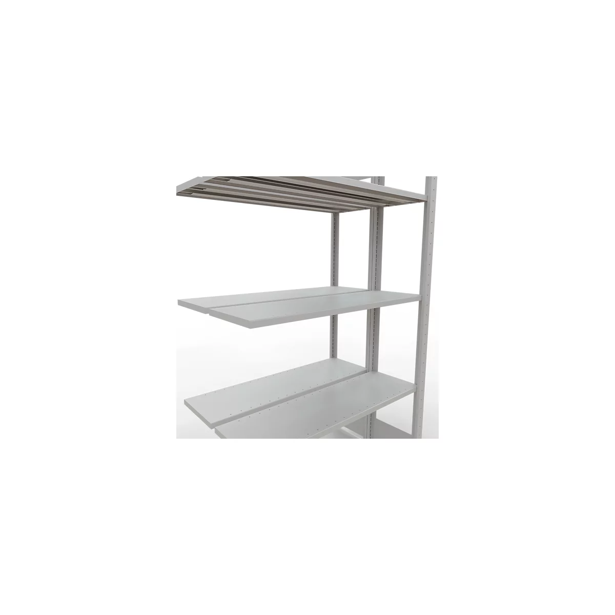 Metalen rek, meerdere niveaus met lege planken, detailweergave.