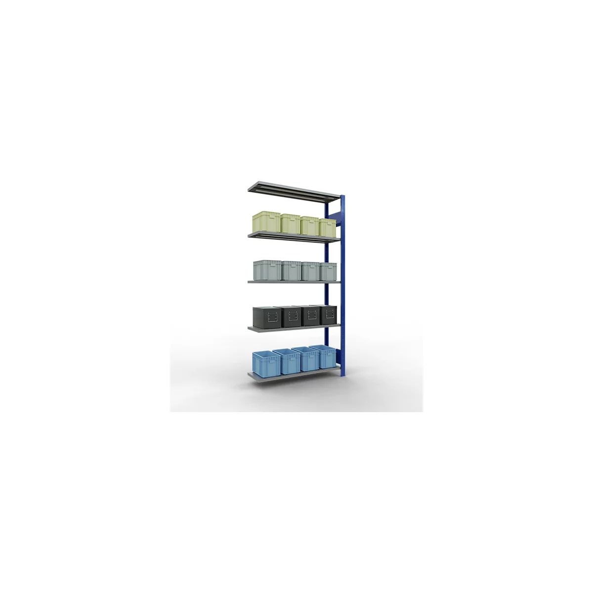 Een blauw-grijs rekken systeem met vijf grijze planken met plastic dozen in geel, grijs, zwart en blauw.