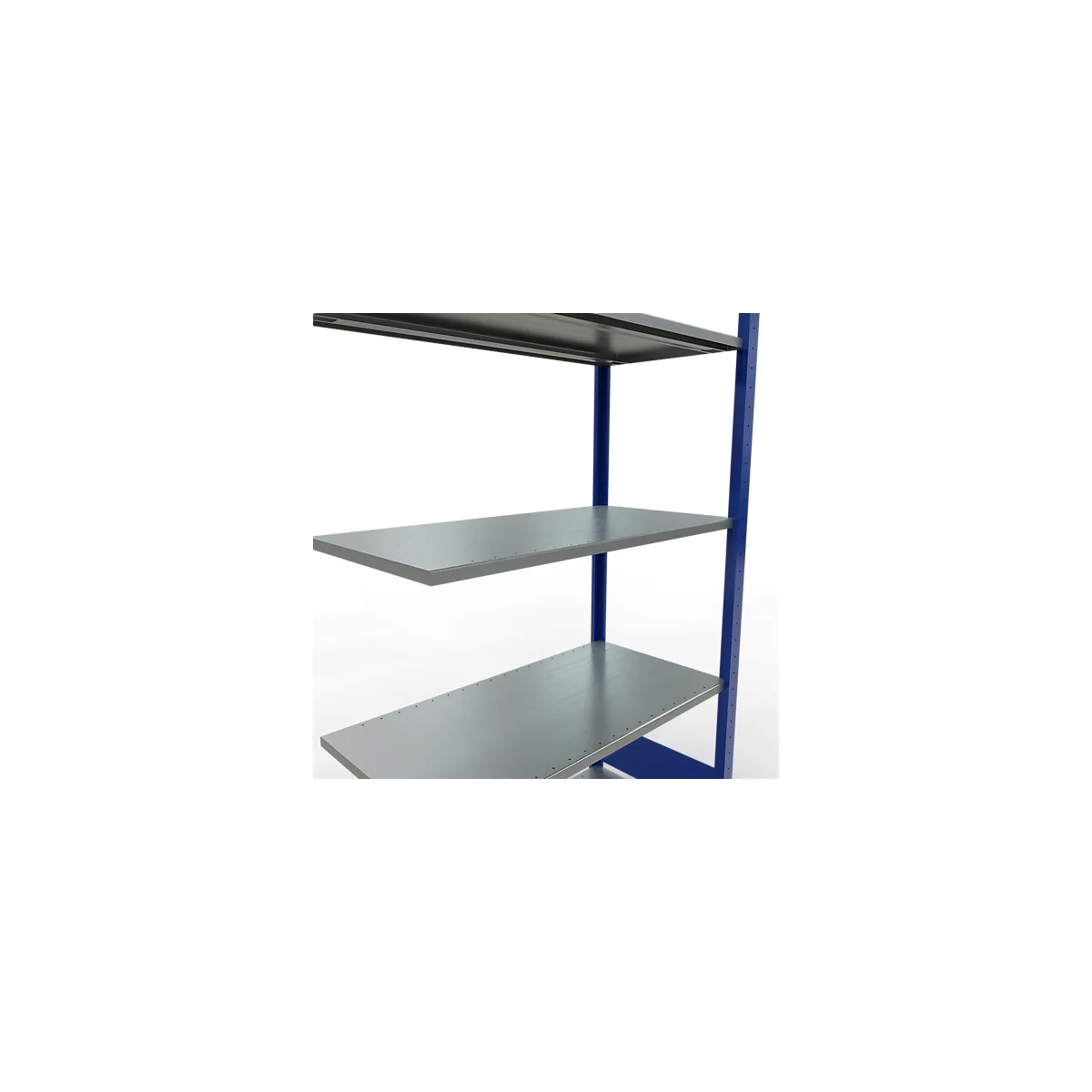 Close-up van een blauw metalen rek met grijze planken, tegen een witte achtergrond.