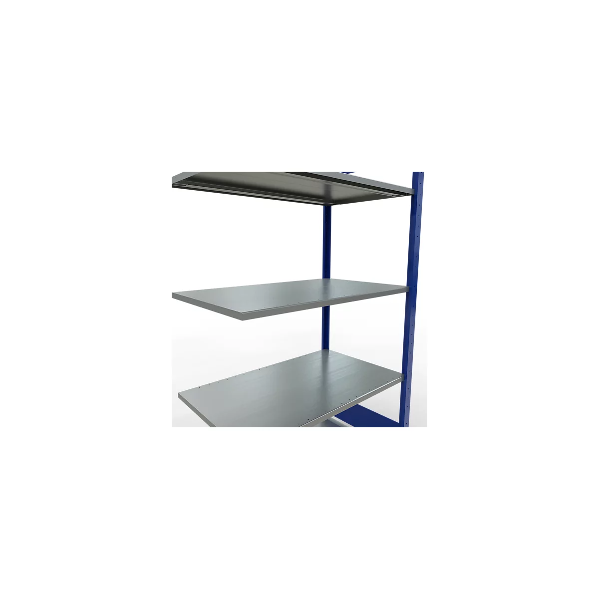 Metalen rek met blauwe steunen en verschillende planken in grijs. De achtergrond is wit.