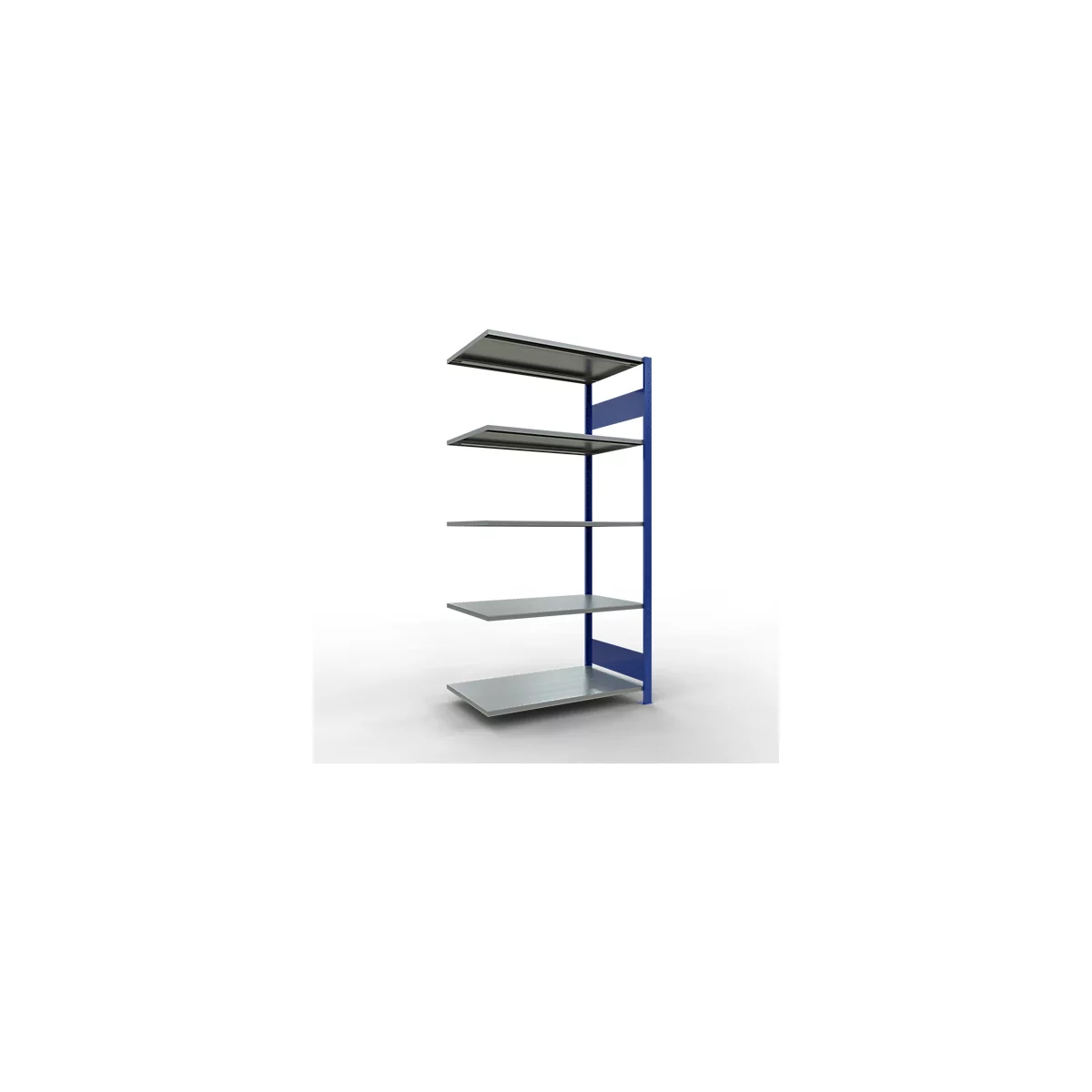 Een blauw en grijs rek tegen een witte achtergrond. Vier grijze planken ondersteund door een blauw frame.