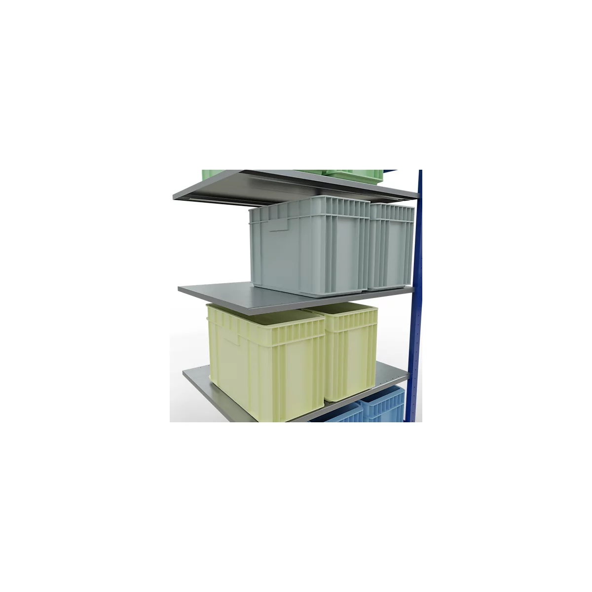 Verschillende opslagboxen in grijs, groen en blauw op een metalen plank.