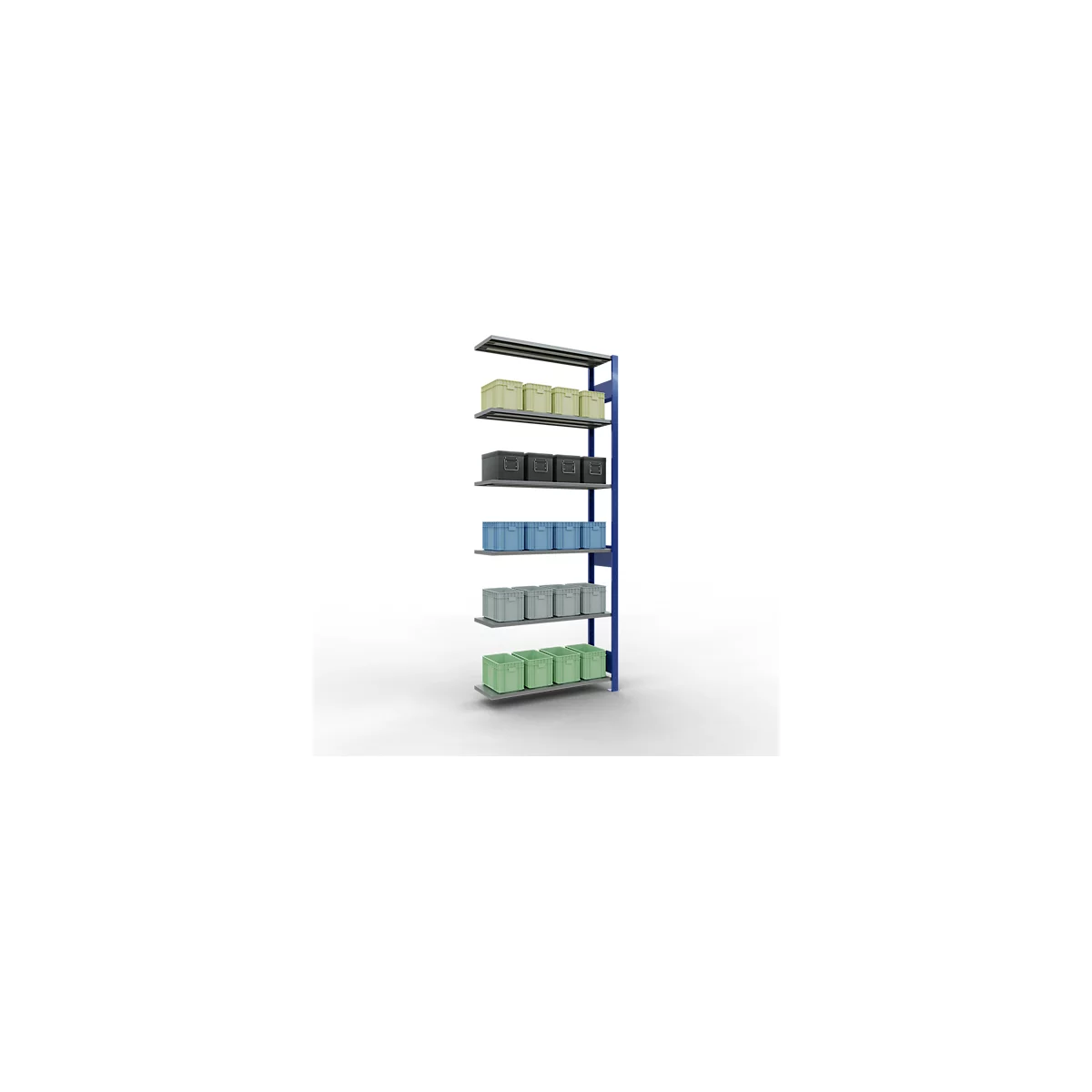 Re rek met meerdere niveaus, gevuld met dozen in verschillende kleuren. Blauwe, groene, grijze en gele dozen.