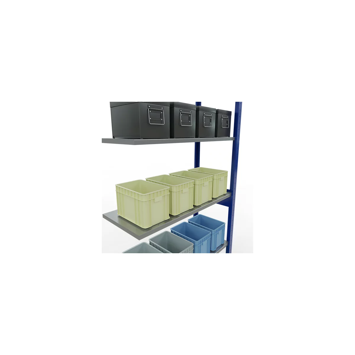 Stelling met bakken in verschillende maten en kleuren. Zwarte metalen dozen bovenaan, lichtgroene en blauwe plastic bakken eronder.