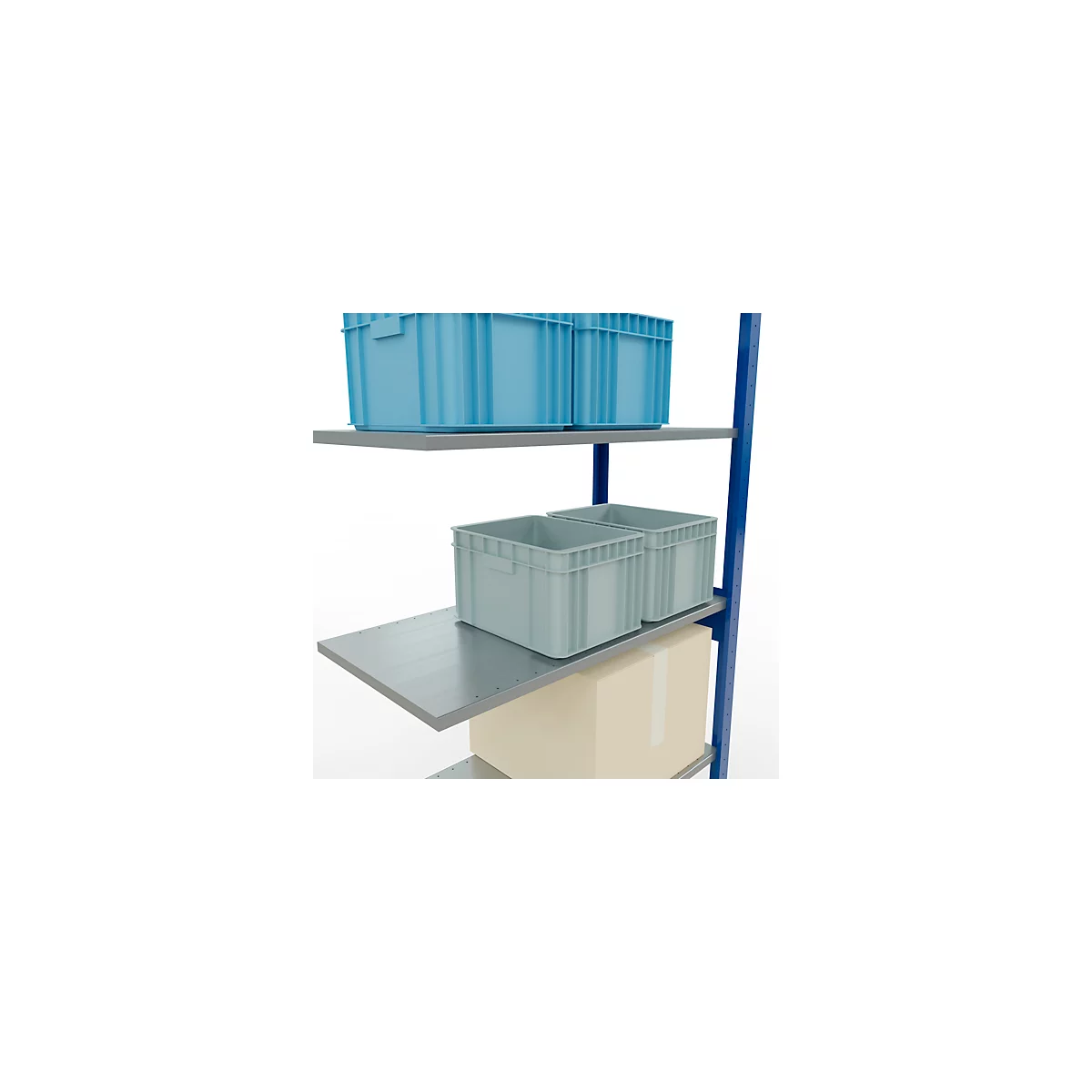 Stelling met blauwe en grijze plastic dozen, een doos van karton. Stalen frame, witte achtergrond.