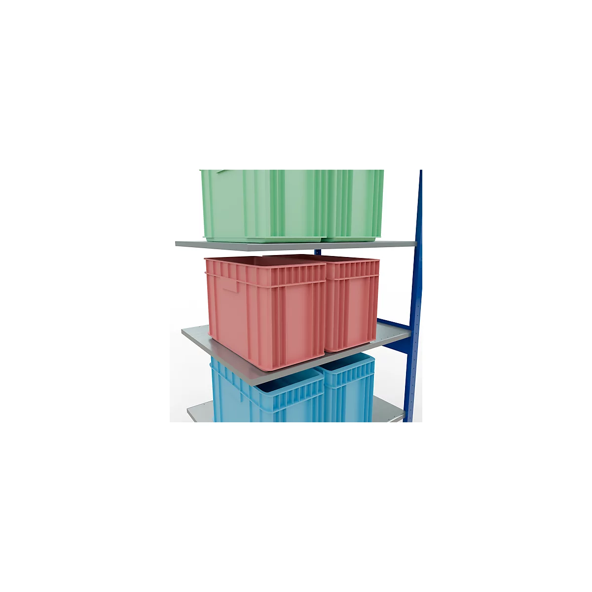 Rek met stapelbare plastic bakken in verschillende kleuren.