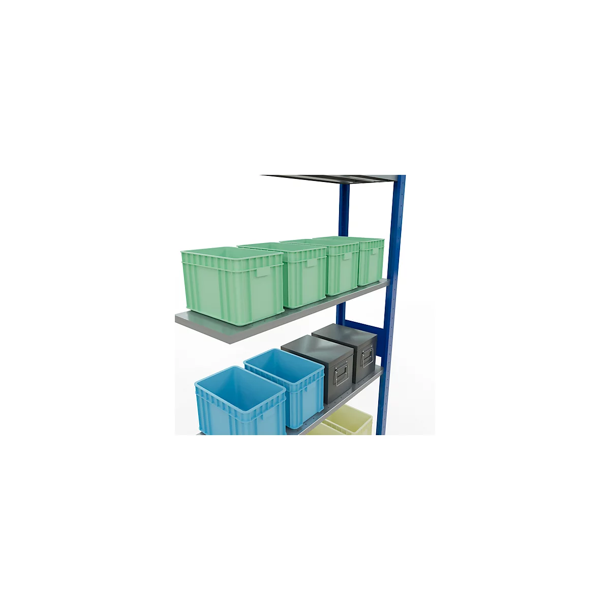 Stelling met groene, blauwe en grijze plastic dozen op de planken.