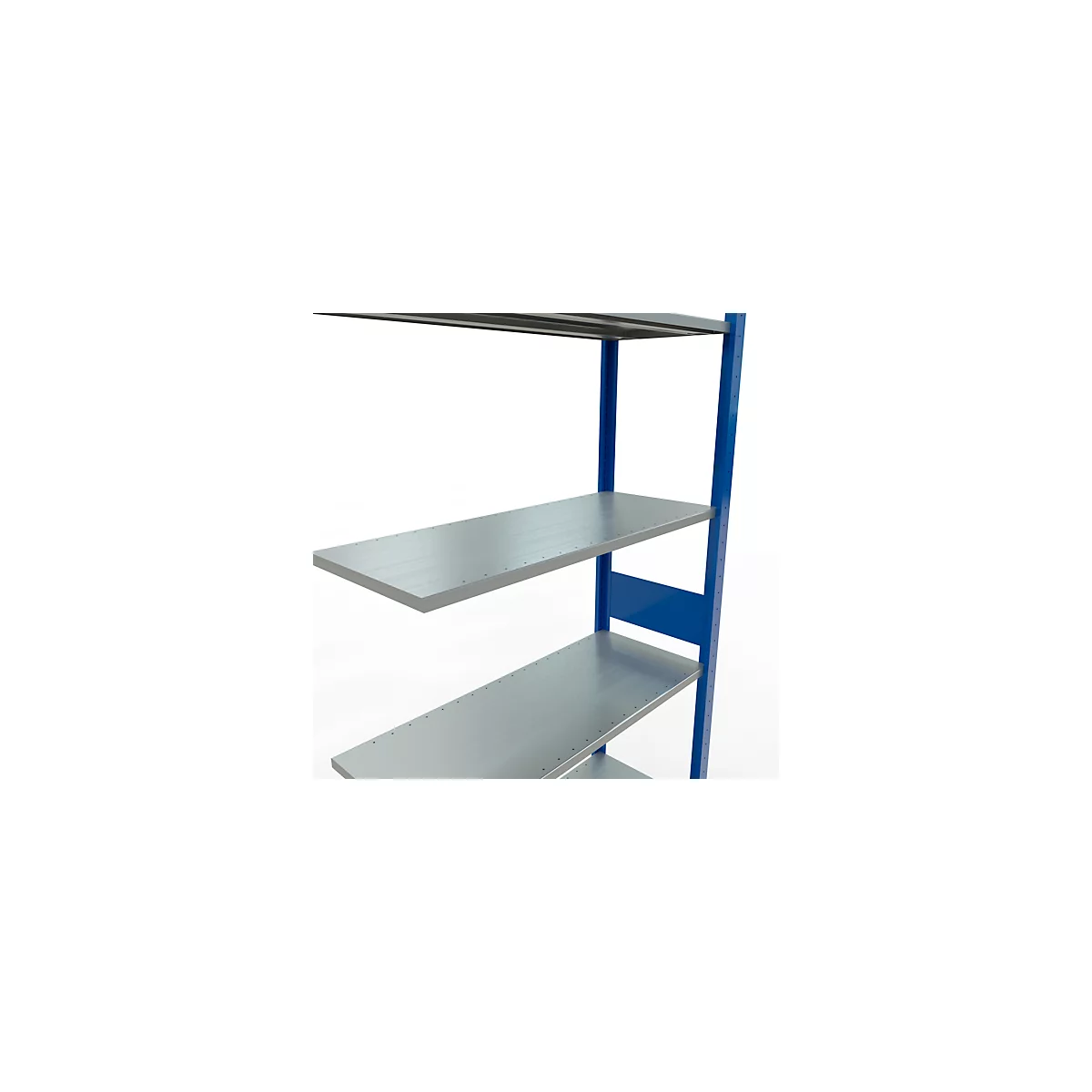 Metalen rek met grijze planken en blauwe frames, op een witte achtergrond. Zicht op drie planken.