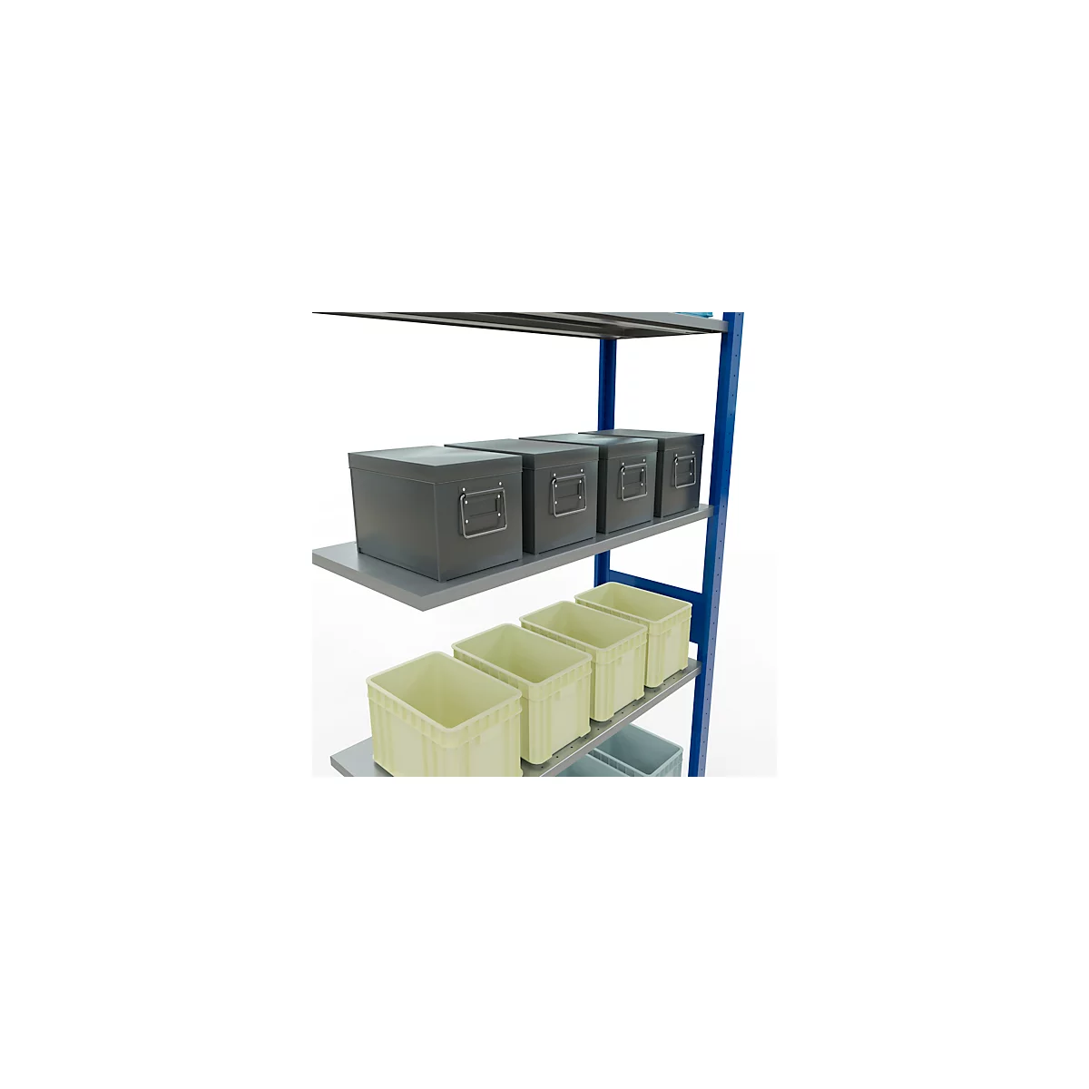Stelling met grijze dozen en lichtgele bakken. De dozen hebben handvatten en staan op een grijze plank.