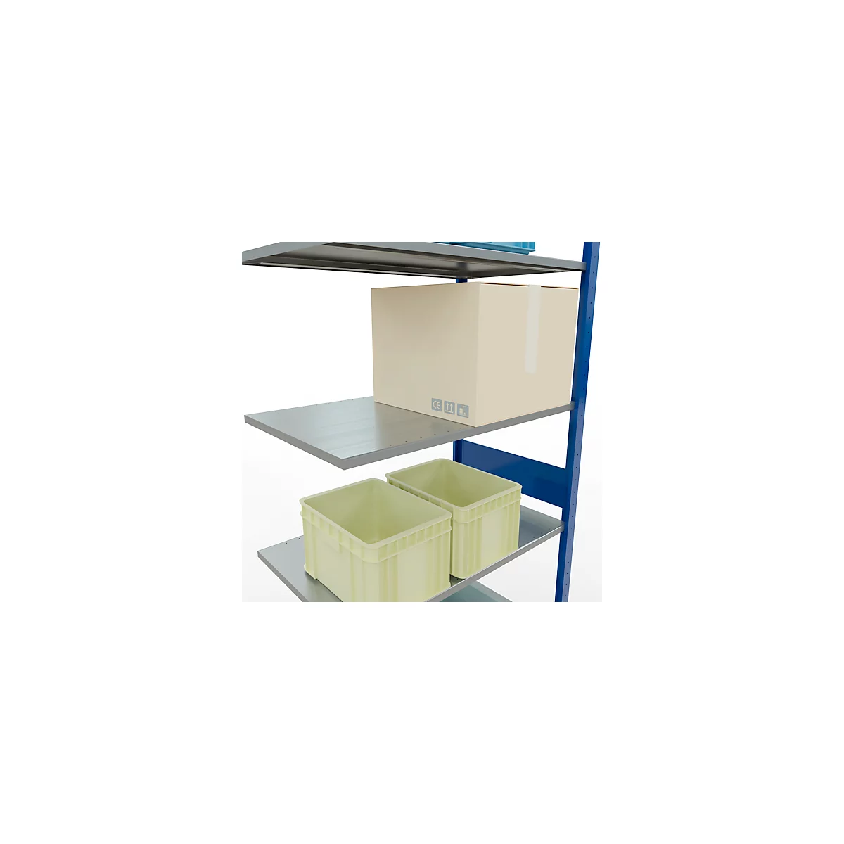 Stelling met dozen en bakken. Blauwe bovenkant, beige doos eronder, twee gelige bakken eronder. Blauw frame.