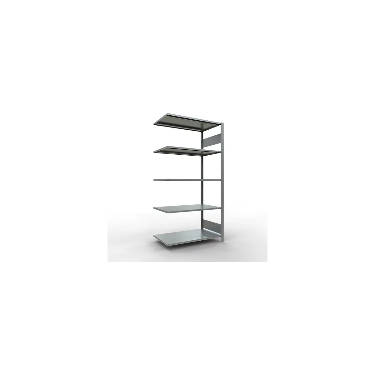 Een grijs metalen rek met vijf planken. De achtergrond is wit.