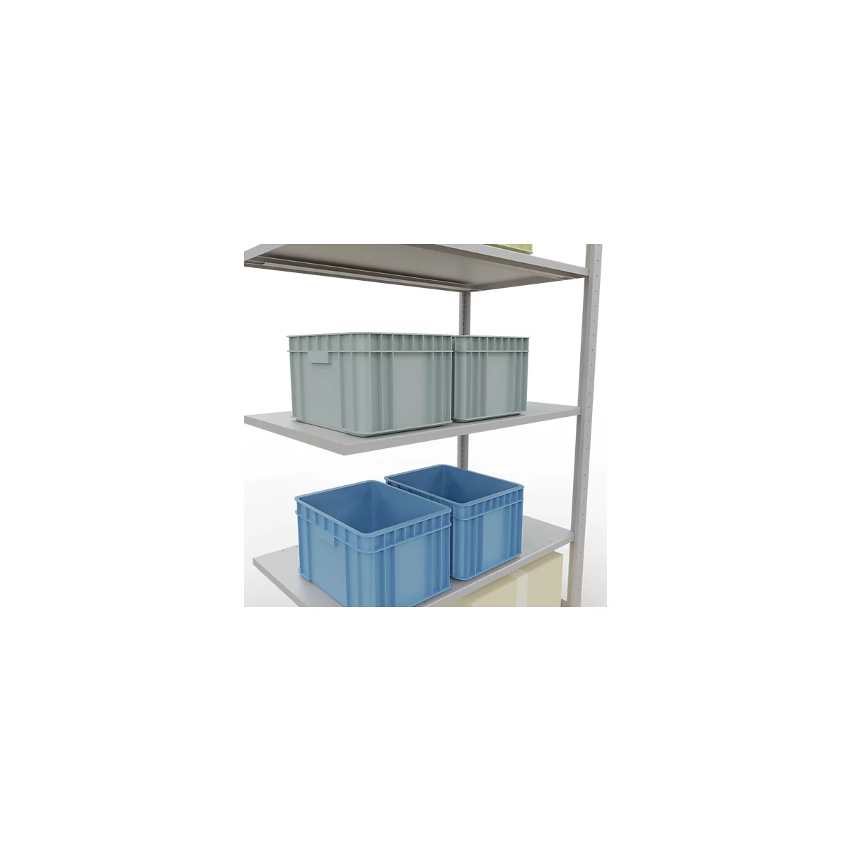 Schappen met blauwe en grijze plastic dozen. Dozen op verschillende niveaus.