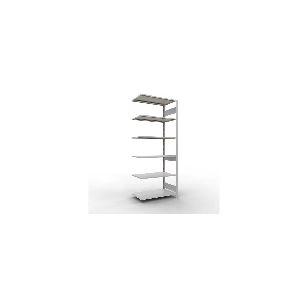 Grijs rek met meerdere horizontale planken, tegen een witte achtergrond.