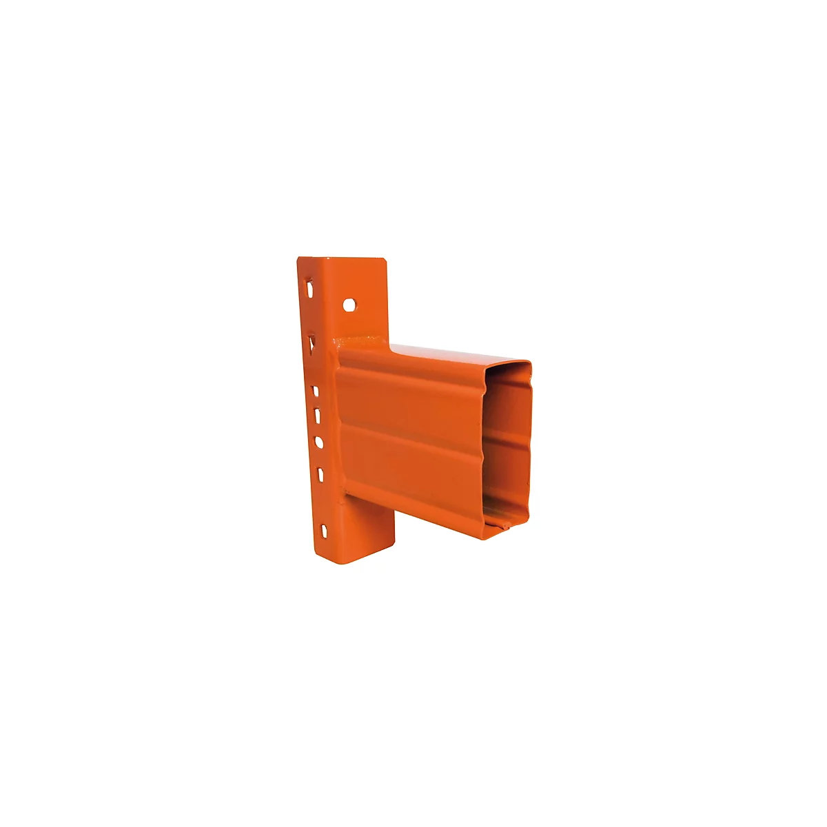 Orange metal corner bracket, with holes and rectangular cross-section.