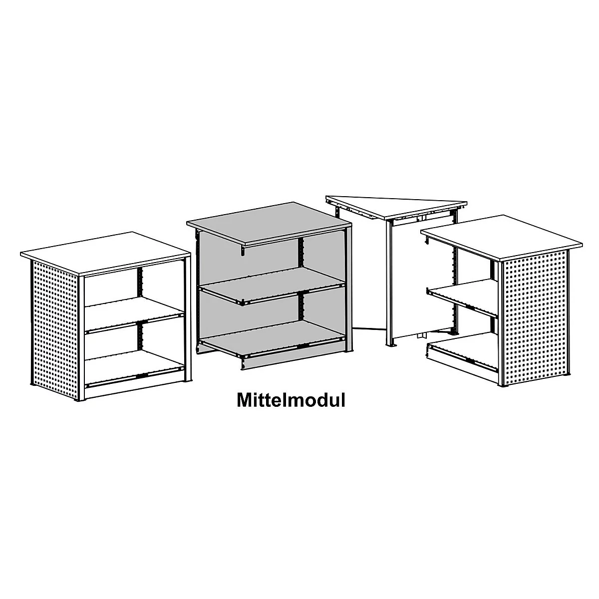 Mehrere weiße Ladenregale in verschiedenen Designs. Die Regale haben zwei oder drei Ebenen und sind mit perforierten Seitenwänden versehen. Der Text "Mittelmodul" ist unter dem Bild.