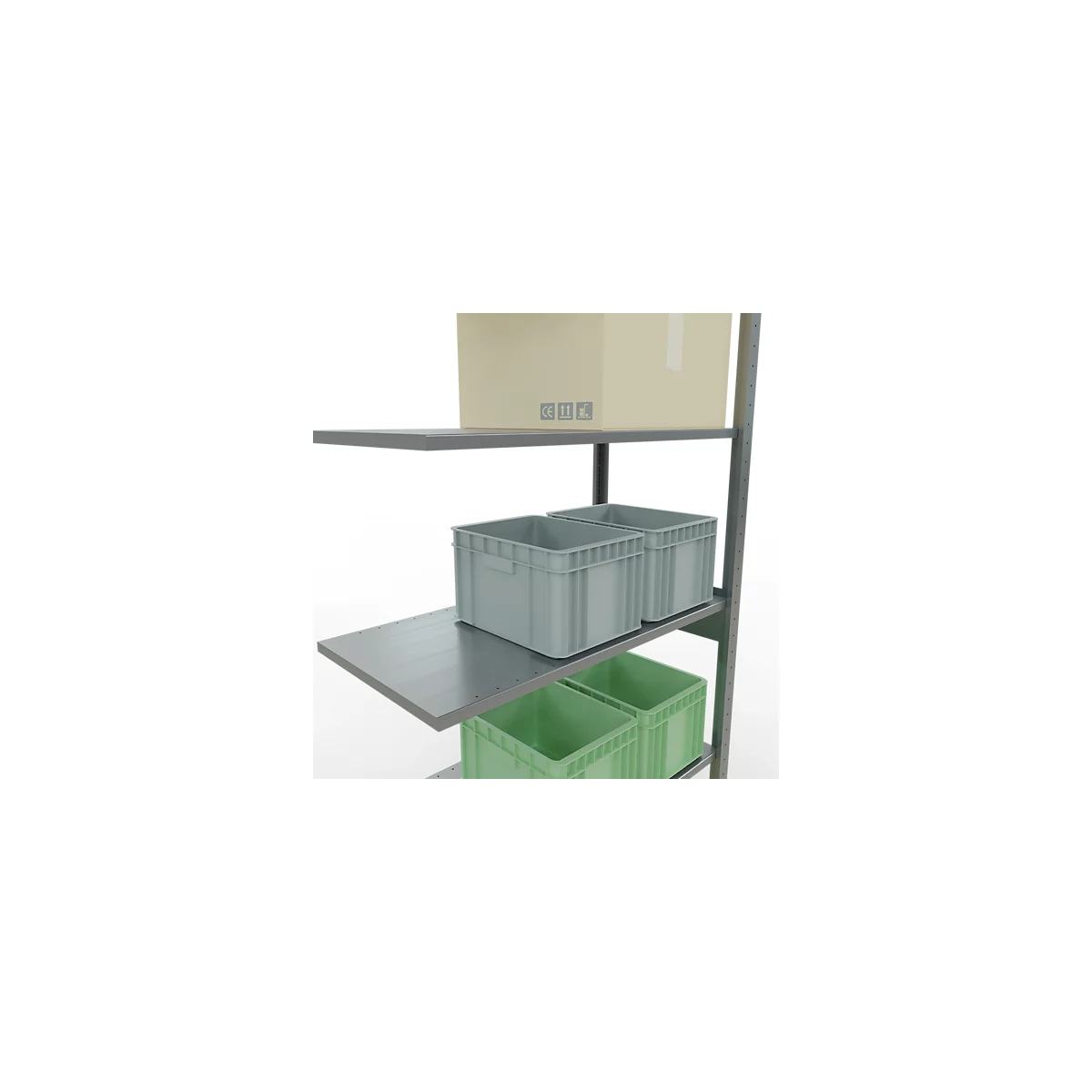 Een opslagrek met een kartonnen doos en plastic bakken. Een beige kartonnen doos bovenop, grijze en groene bakken eronder.