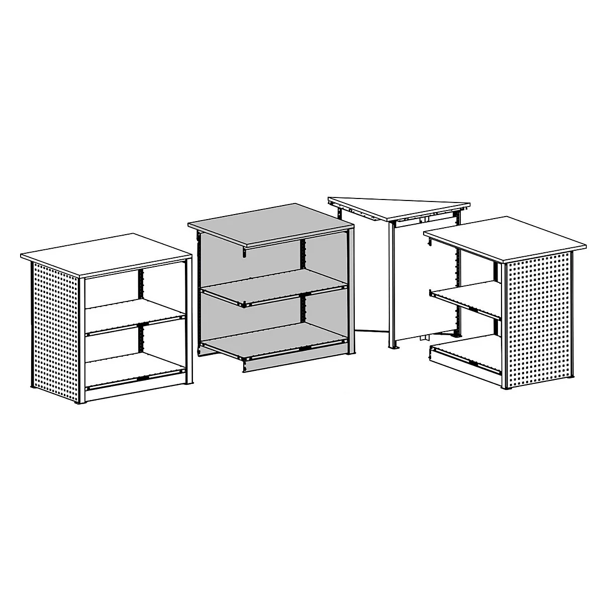 Plusieurs étagères blanches et grises avec des trous. Deux étagères ont des formes rectangulaires et deux étagères ont une forme triangulaire.