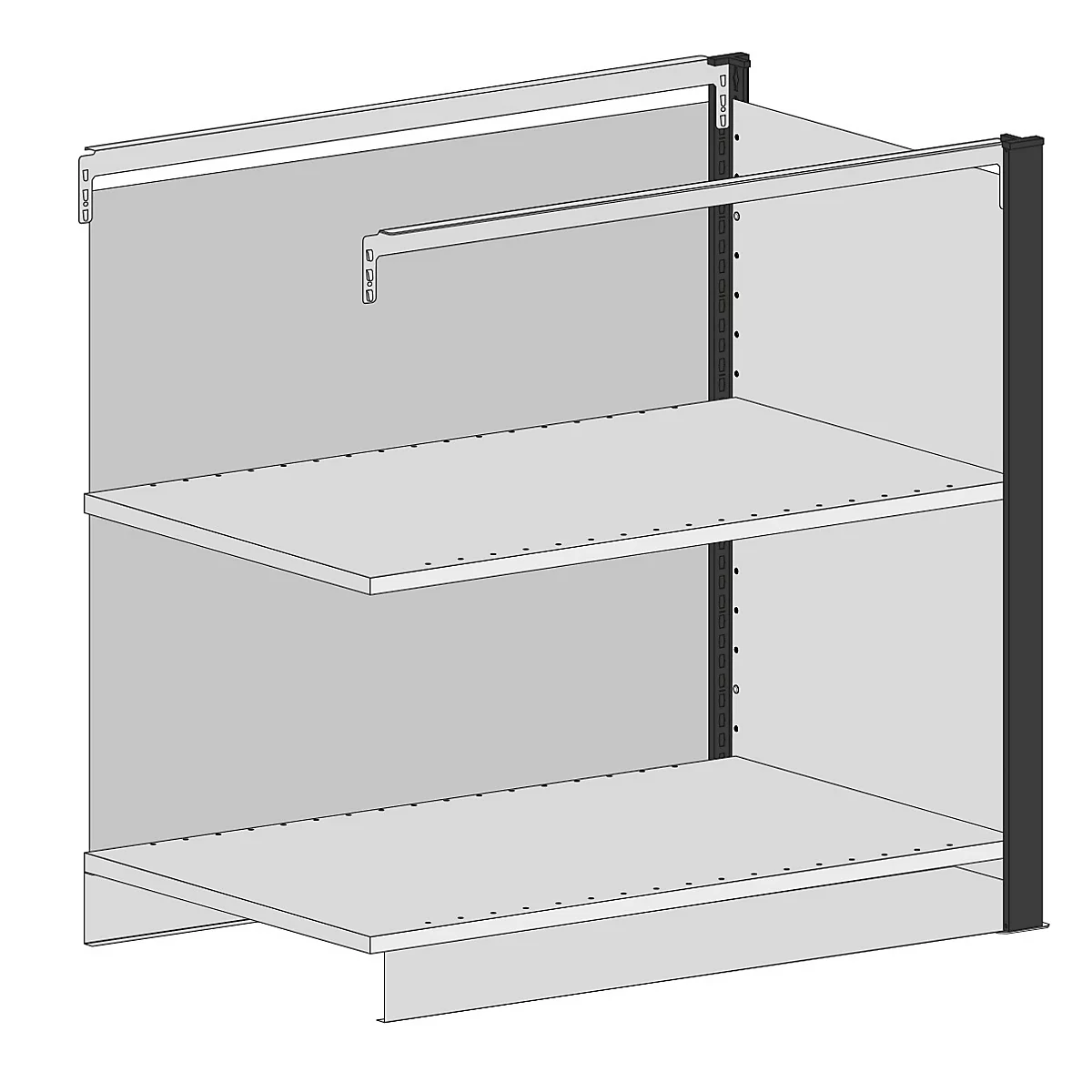 Étagère avec deux étagères et une structure métallique noire. Mur du fond gris clair.