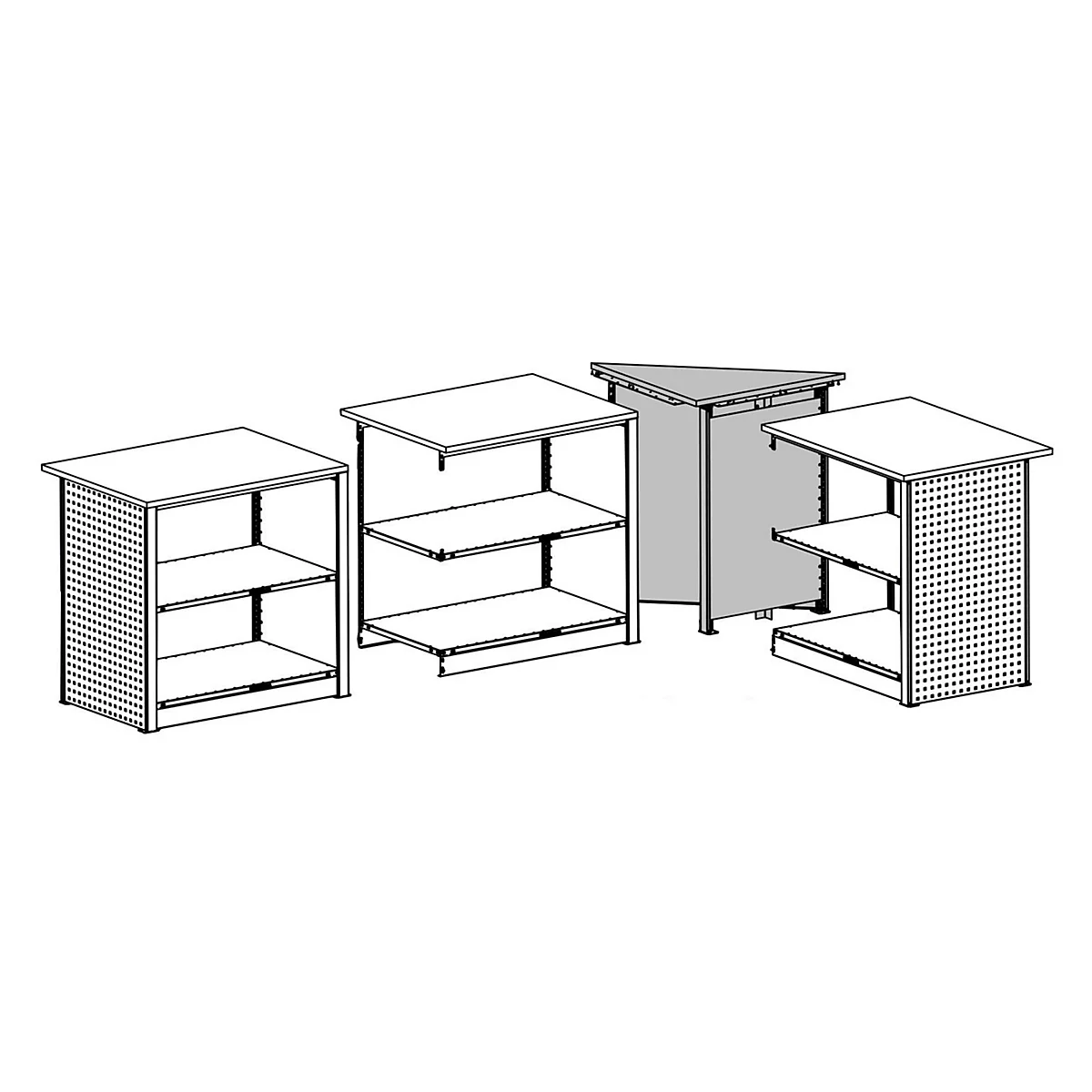 Plusieurs éléments d'étagères blancs avec des parois perforées, dont un module d'angle, disposés. Texte : Module d'angle.