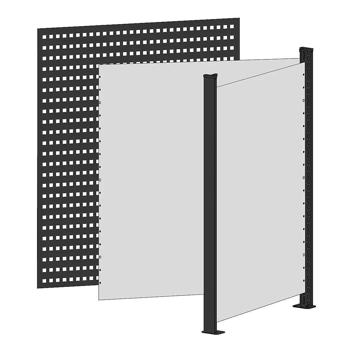 Cloison grise avec cadre noir et motif perforé. Devant, un élément gris clair est fixé à trois supports noirs.