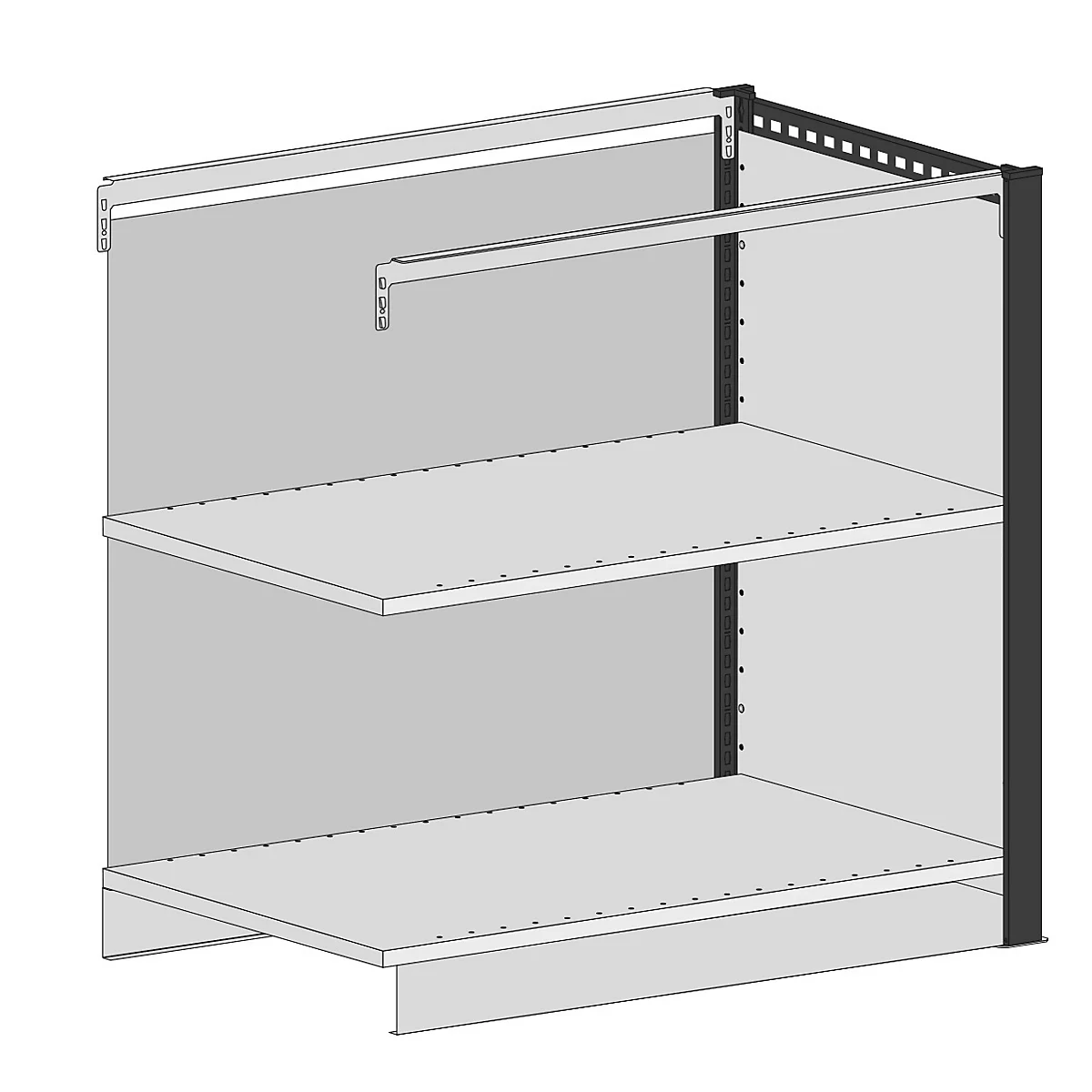 Étagère avec deux étagères, une tringle et des supports latéraux, en gris clair.