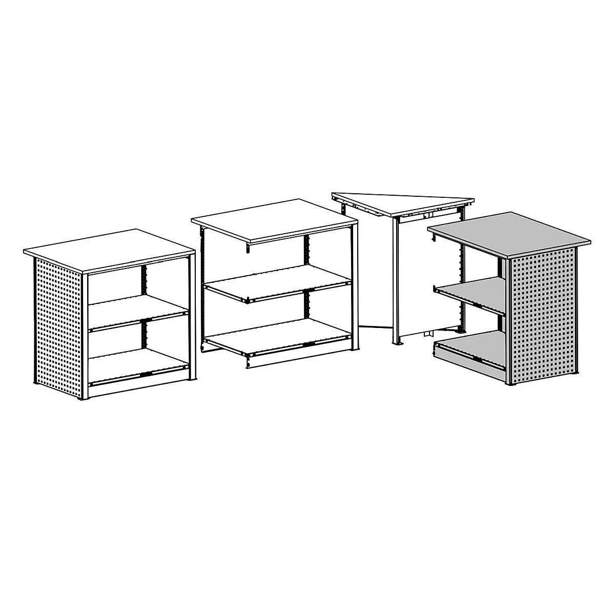 Plusieurs étagères de magasin blanches de différentes formes et tailles, avec le mot "Endmodule" en dessous.
