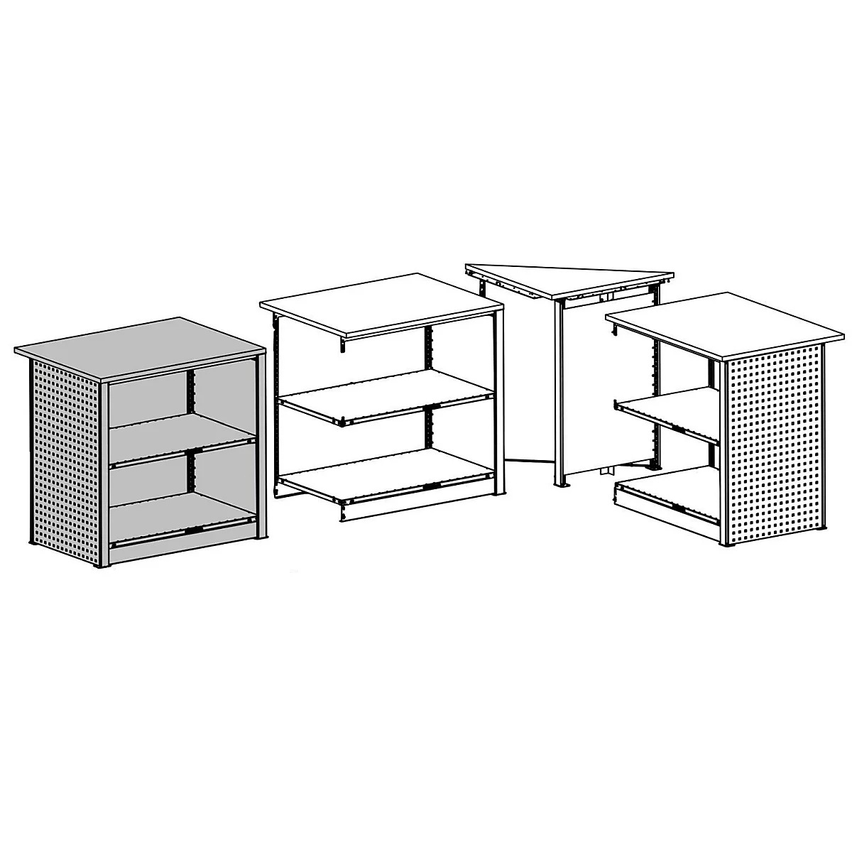 Plusieurs étagères blanches et grises de différentes formes et tailles, disposées dans une vue en perspective.